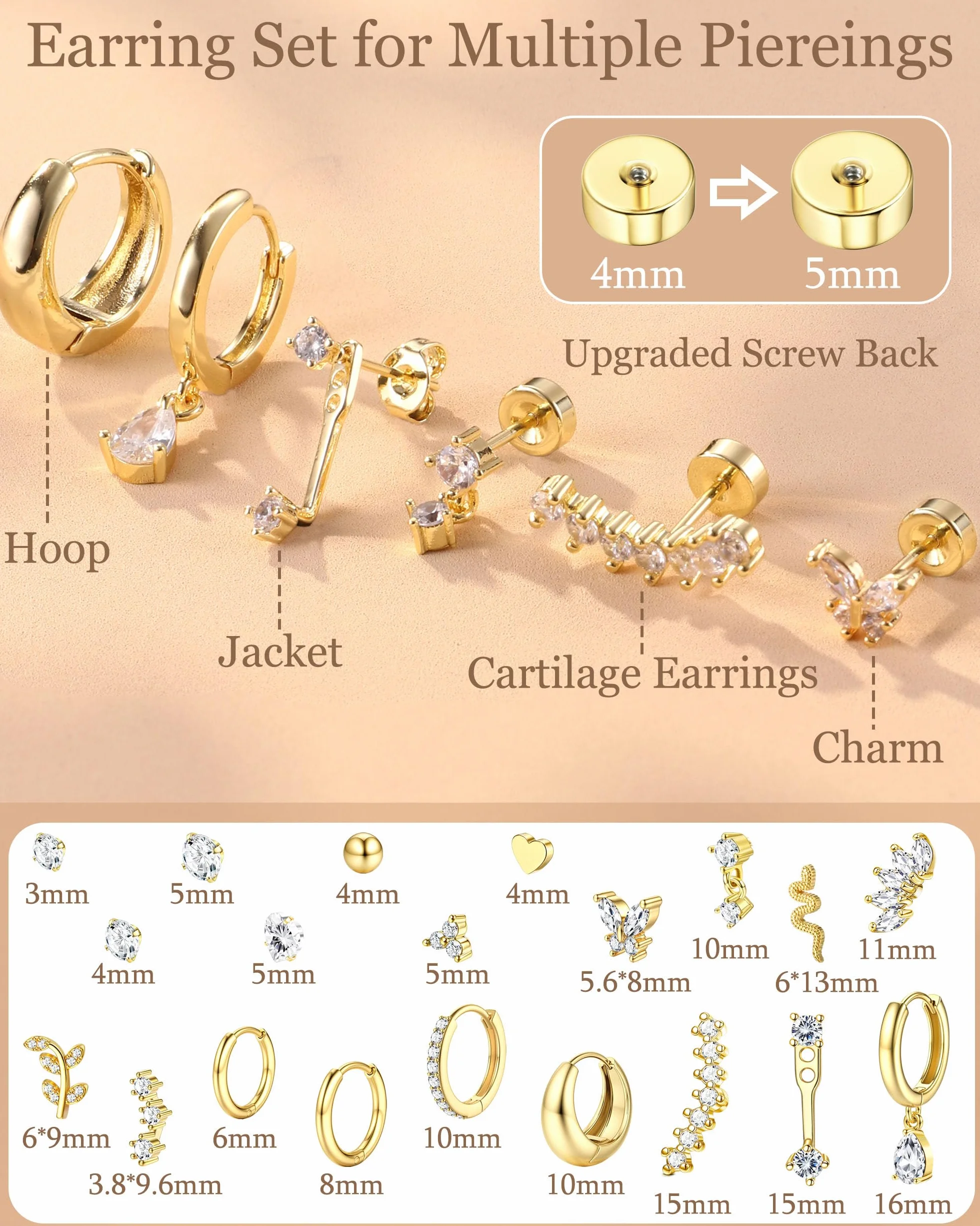 LOLIAS 20 szt. Helix Piercing biżuteria stal chirurgiczna tragus kolczyk płaski tył kolczyki dla kobiet piercing ucha Helix Stud Hoop kolczyki chrząstki kolczyki srebrne złote muszle stokrotka tragus