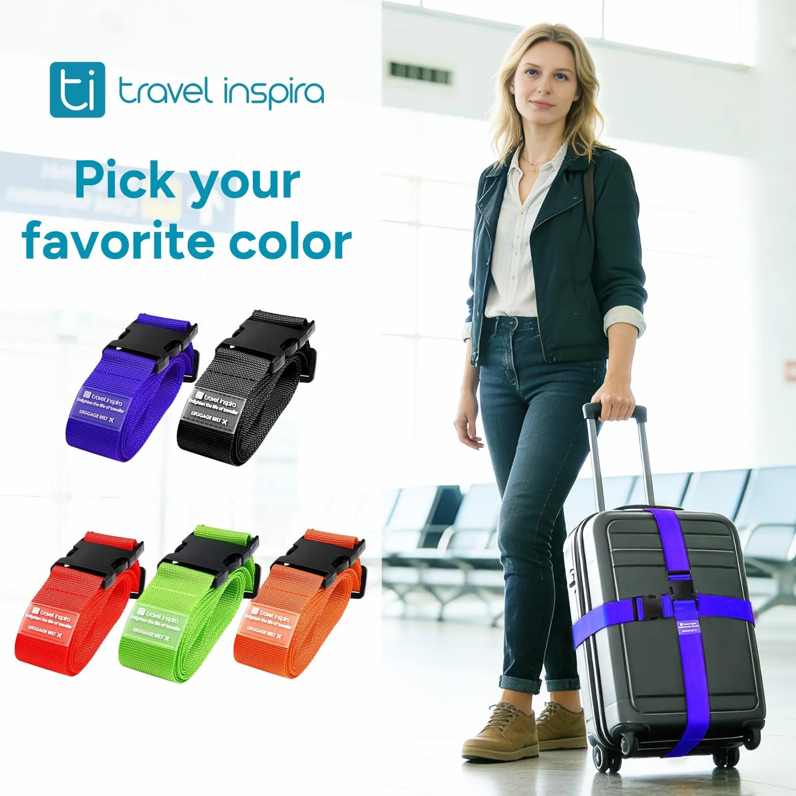 travel inspira paski do walizek, 2 sztuki, 104–195 cm, regulowane paski na walizki, efektowne paski na walizki do identyfikacji – paski na walizki do walizek podróżnych 20"–32" (niebieskie)