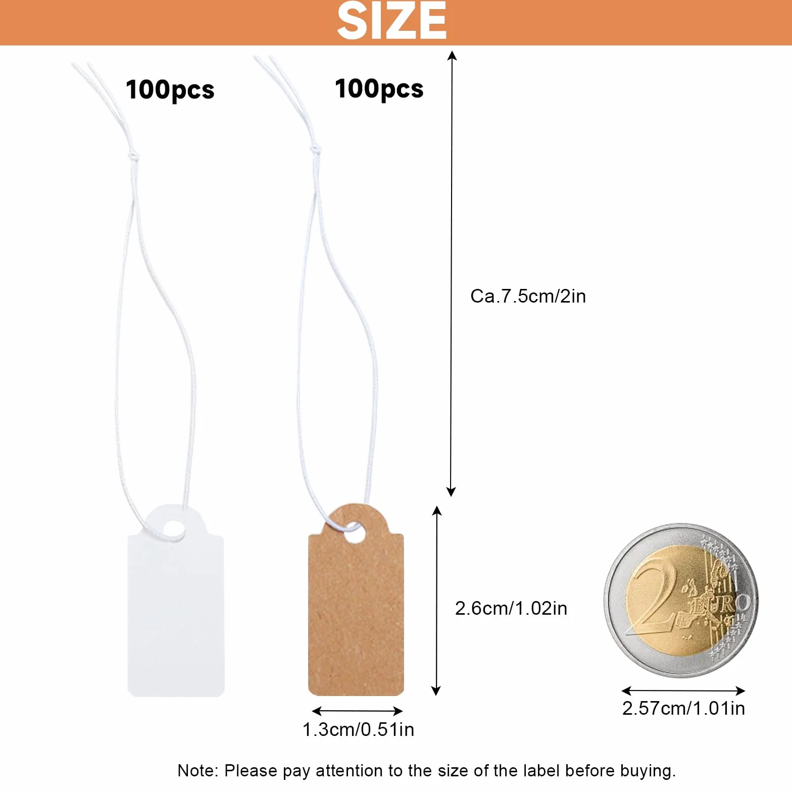 200 sztuk mini metek z elastycznym sznurkiem, metki o wymiarach 26 x 13 mm, białe i brązowe metki do ekspozycji biżuterii, metki do odzieży, pchli targ