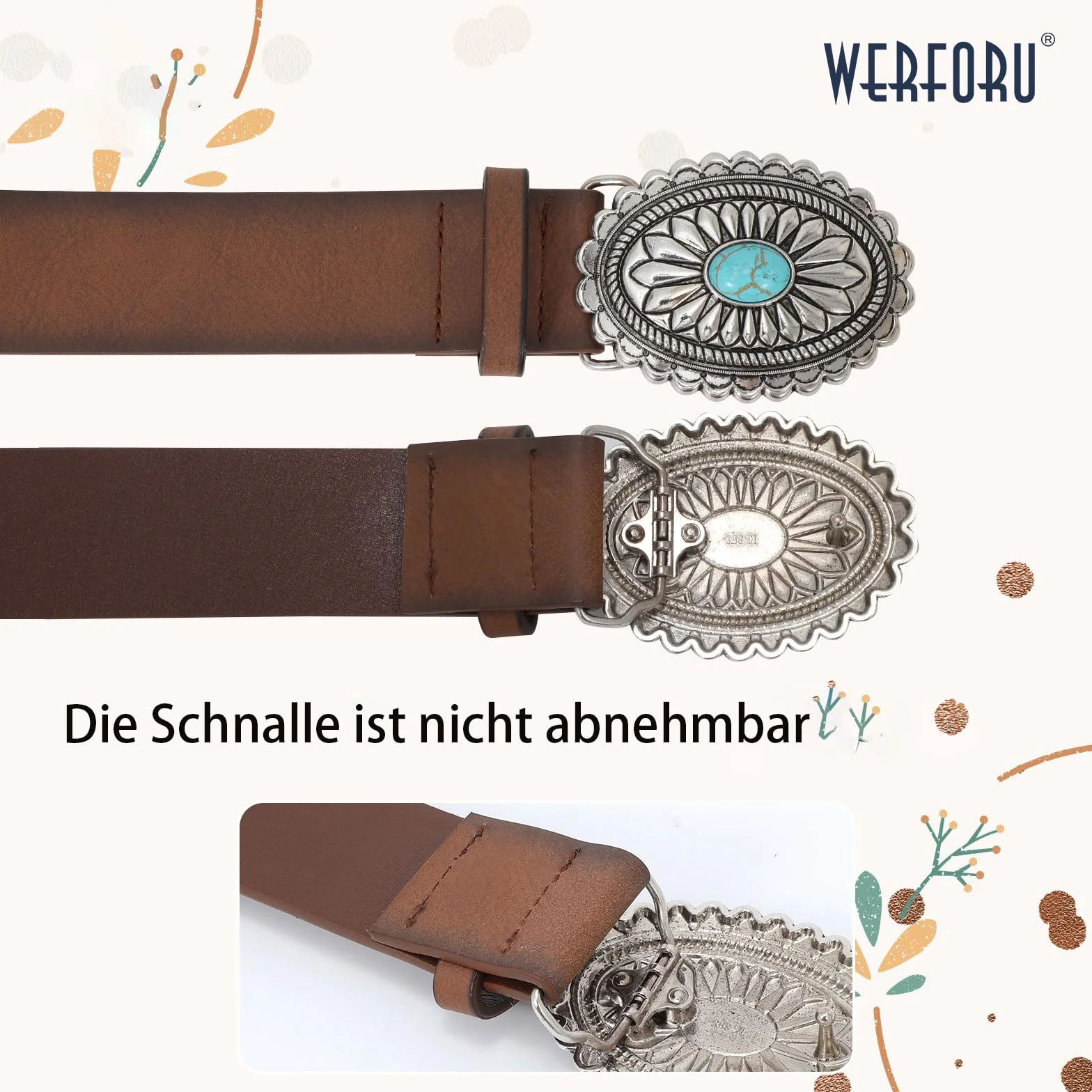 WERFORU Damski pasek skórzany w stylu vintage western, kowbojka, retro, turkusowy, do dżinsów, spodni, sukienek