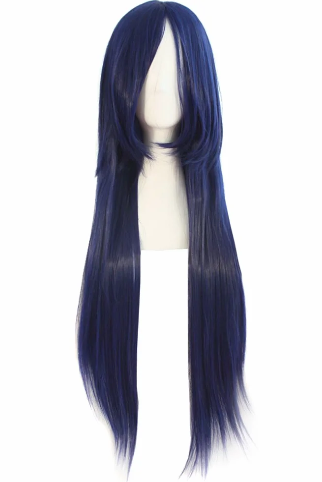 MapofBeauty 80 cm Moda Wysoki Temperatura Bonnik Side Grzywka Proste Cosplay Peruki (Ciemny Niebieski)