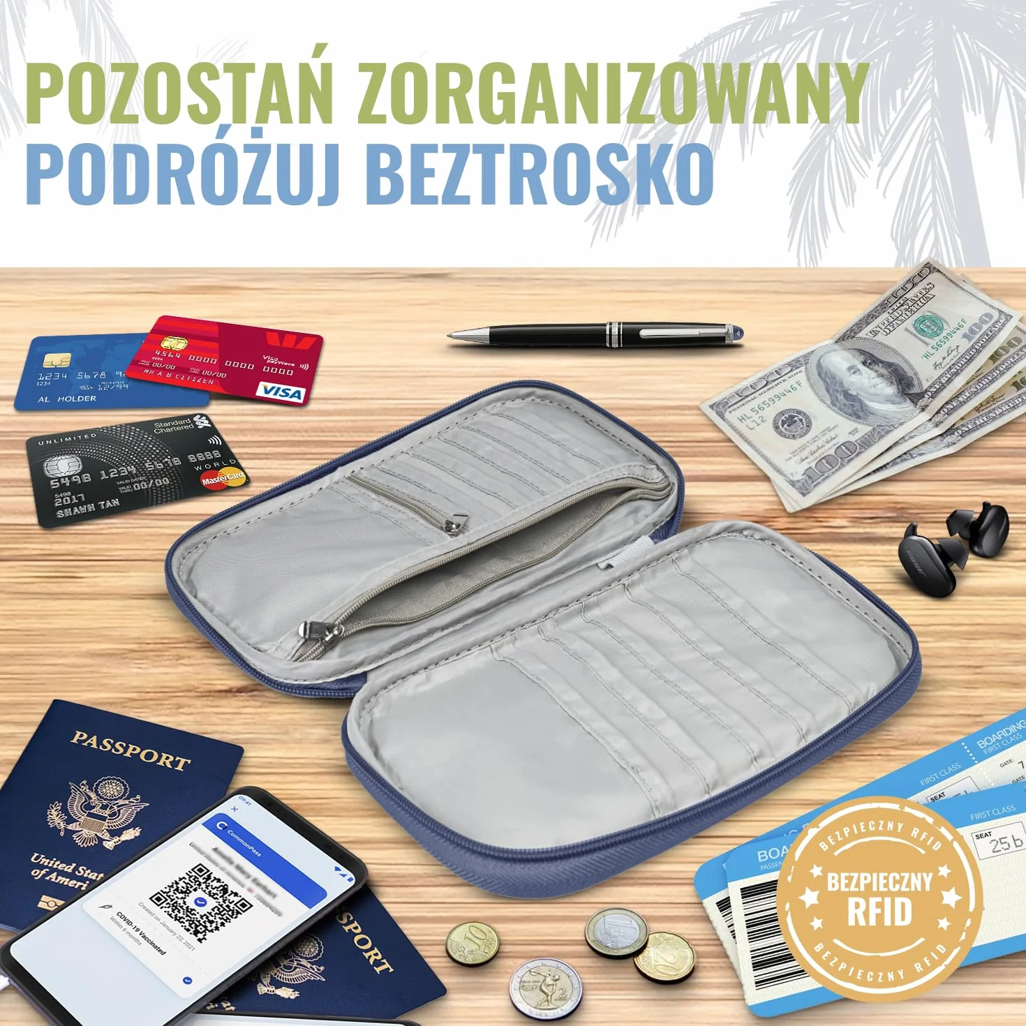 BOACAY Etui na Paszport Rodzinny z RFID, Portfel Podróżny dla Kobiet i Mężczyzn, Organizer na Dokumenty, Wodoodporne Etui na Bilety, Pieniądze, Karty