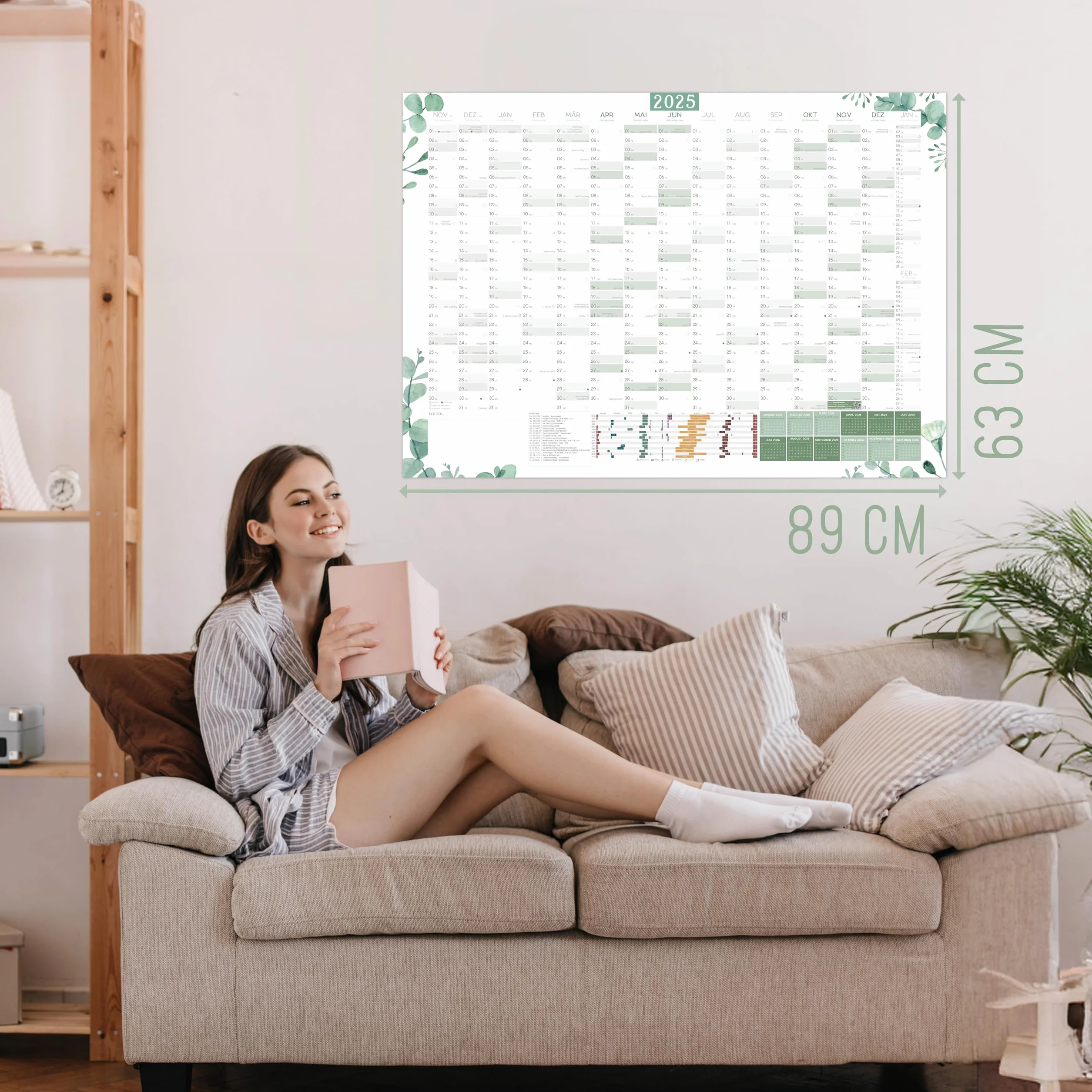 Kalendarz ścienny XXL, eukaliptus, planer roczny DIN A1+, 89 x 63 cm, planer ścienny 2025 w stylu eukaliptusa, składany, kalendarz roczny 2025, domowy, planer rodzinny, kalendarz biurowy na 16