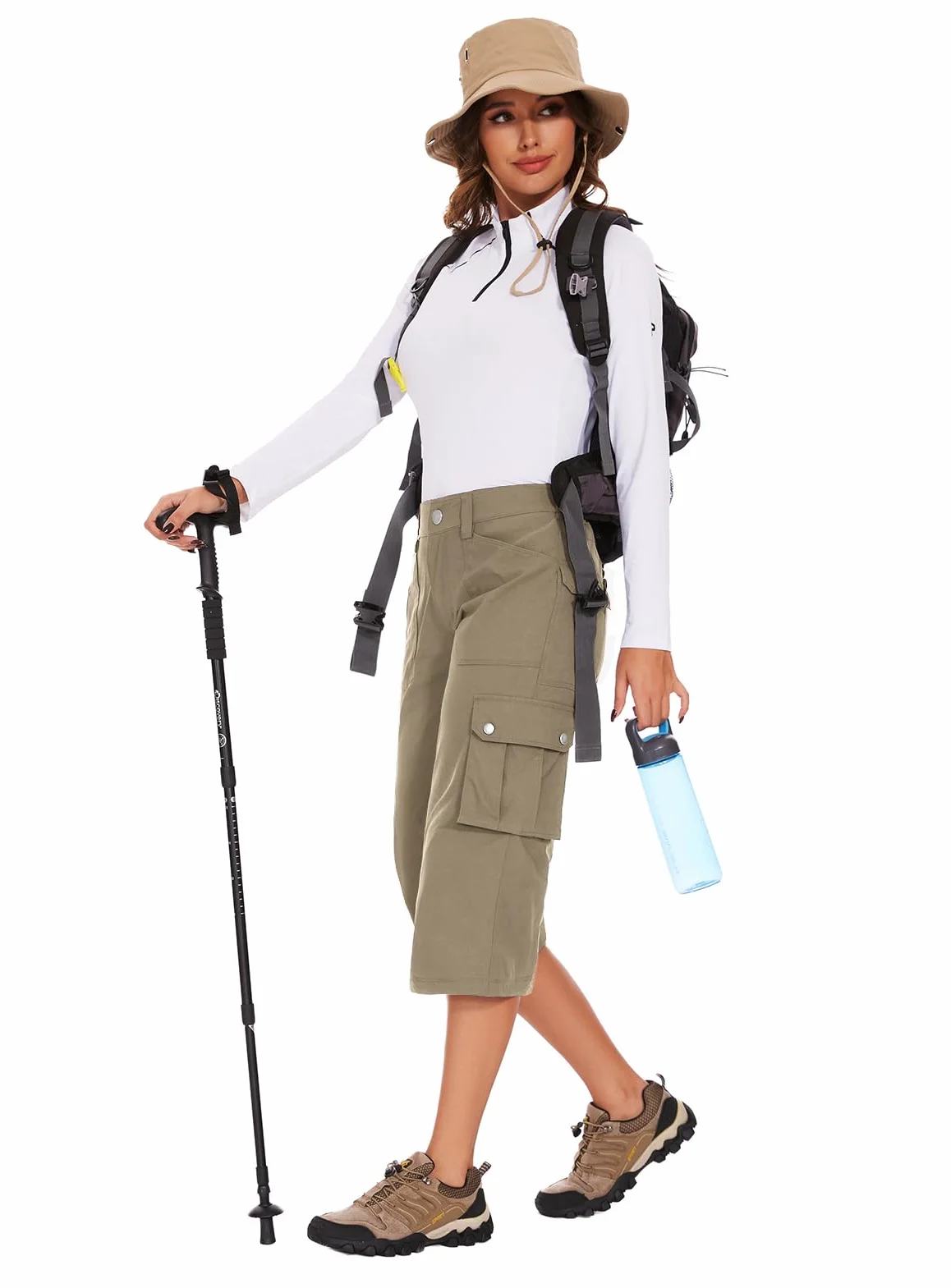 Moosehill Spodnie damskie 3/4 Cargo Capri, spodnie trekkingowe, wodoszczelne, oddychające, spodnie cargo, spodnie letnie, ze stretchem, do uprawiania sportu, z 6 kieszeniami