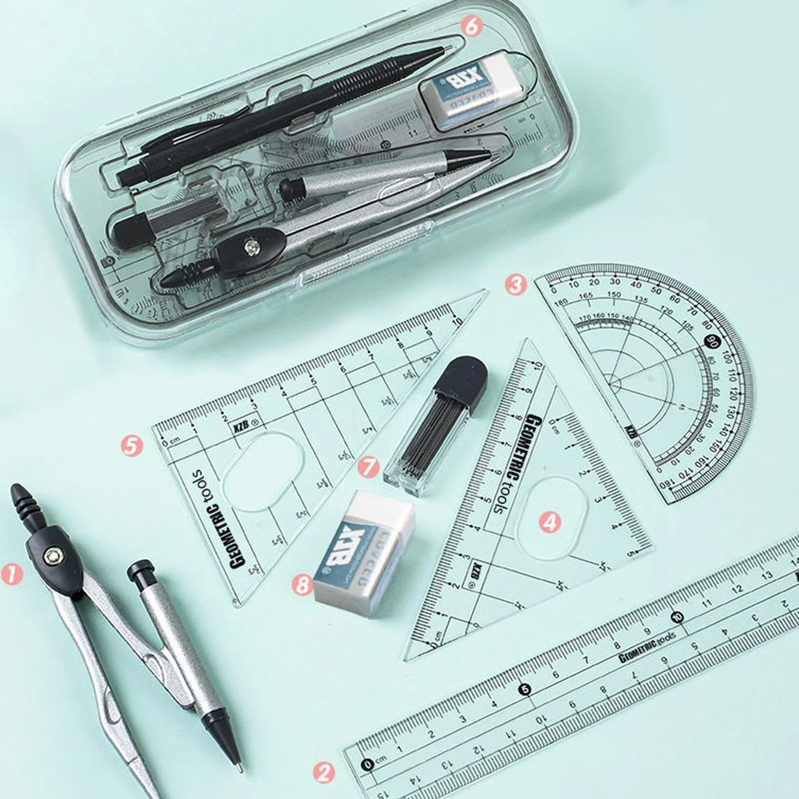 Compass and Protractor Set, Math Geometry Kit, Protractor Kit, Math Tool Set, Geometry Set, Comprehensive Geometry Toolkit Precision Engineering Versatile Use for Student, School