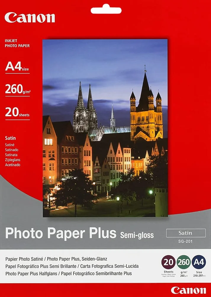 Canon Papier fotograficzny SG-201 Plus jedwabisty połysk - DIN A4 20 arkuszy jedwabisty mat do drukarek atramentowych - PIXMA drukarka (260 g/m2)