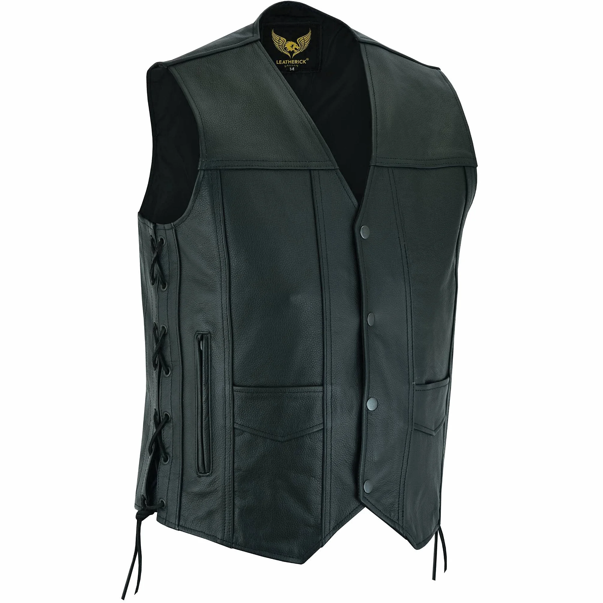 Leatherick Top-Grain męska kamizelka z prawdziwej skóry bydlęcej, czarna, klasyczna kamizelka z bocznymi sznurowadłami i ukrytymi kieszeniami do noszenia