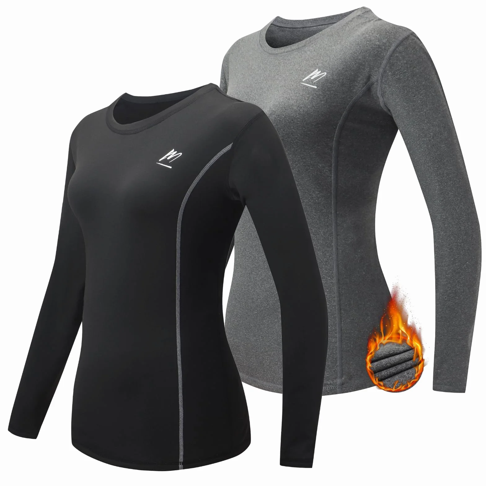 MEETWEE Damska koszulka termiczna, koszulka kompresyjna z długim rękawem, bielizna sportowa, Baselayer, do biegania, jazdy na rowerze, fitnessu, czarny + szary 2, M