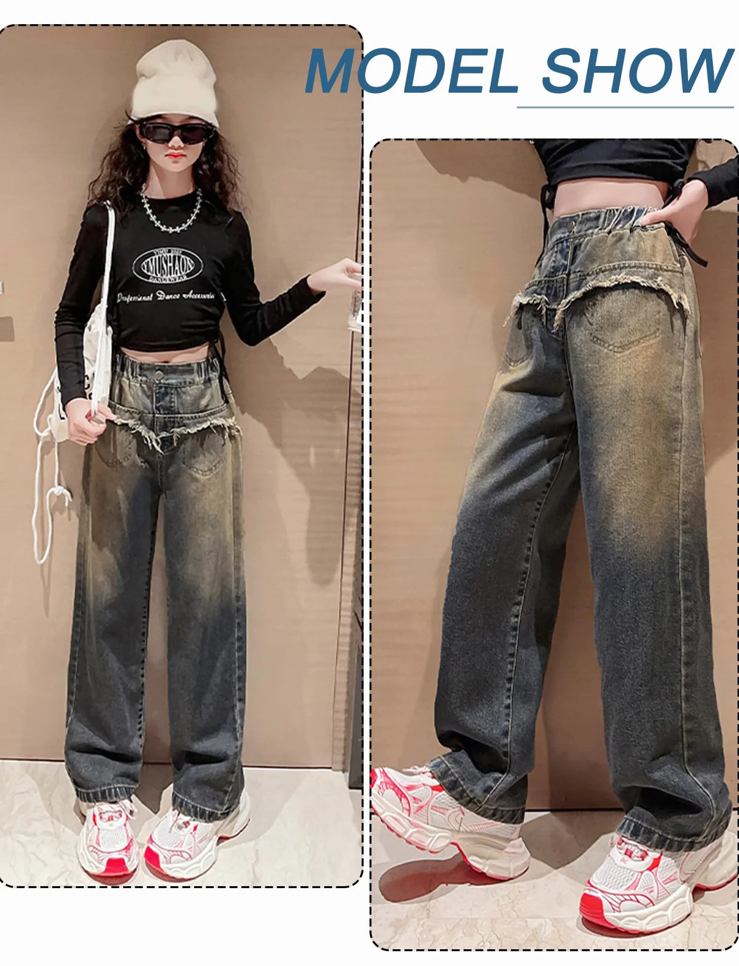 Happy Cherry Baggy Wide Leg Jeans dla dziewcząt, spodnie cargo, nastolatki, vintage, Y2k, dżinsy chłopięce, 120-170 cm