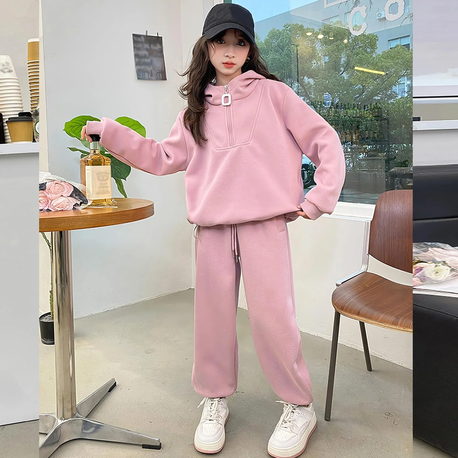 Dziewczęcy dres sportowy z kapturem, luźny dres treningowy, zestaw 2 szt., bawełniany dres do biegania, dla dzieci, luźna odzież sportowa na wiosnę i jesień