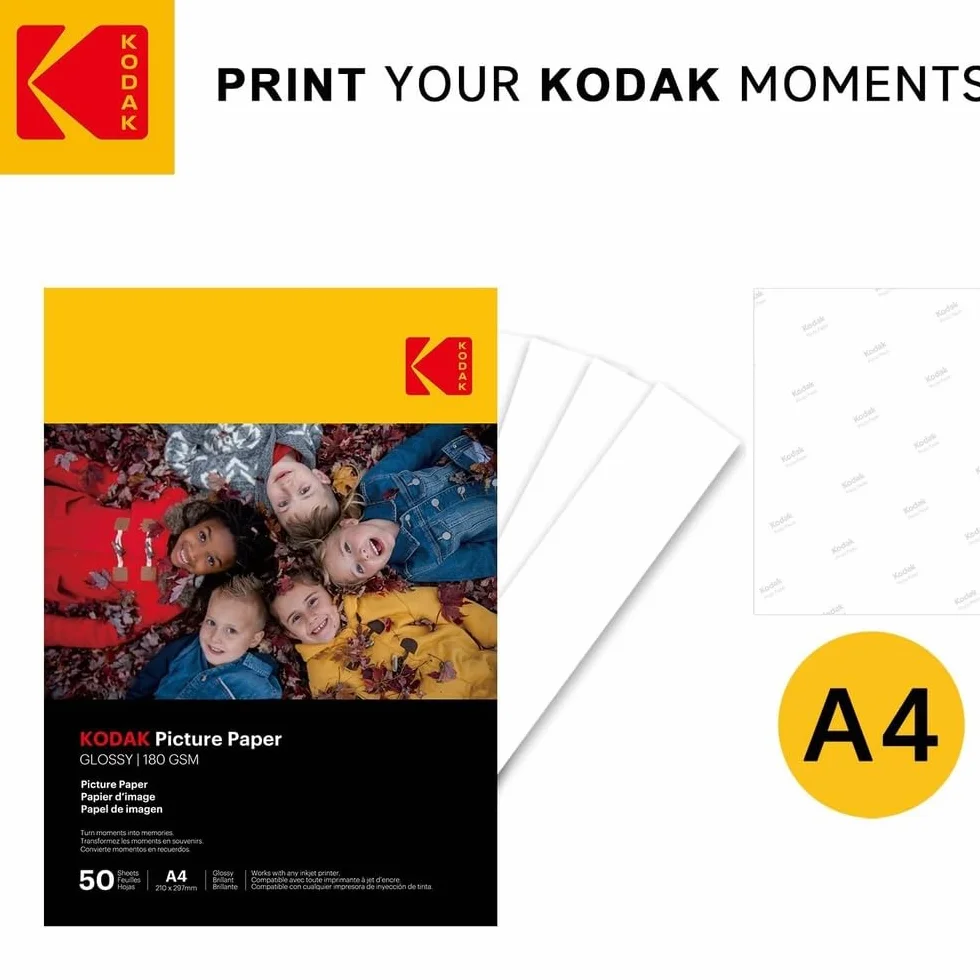 KODAK Picture Paper - Błyszczący papier fotograficzny, opakowanie 50 arkuszy, format A4 (21x29,7cm), 180g/m², idealny do wydruków atramentowych, żywych kolorów i wysokiego kontrastu, wysokiej jakości