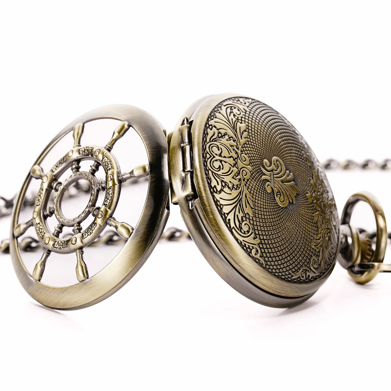 TREEWETO Unisex zegarek kieszonkowy z łańcuszkiem analogowy mechaniczny nakręcany ręczny podwójny zawias wiosło szkielet brąz, Bronze036