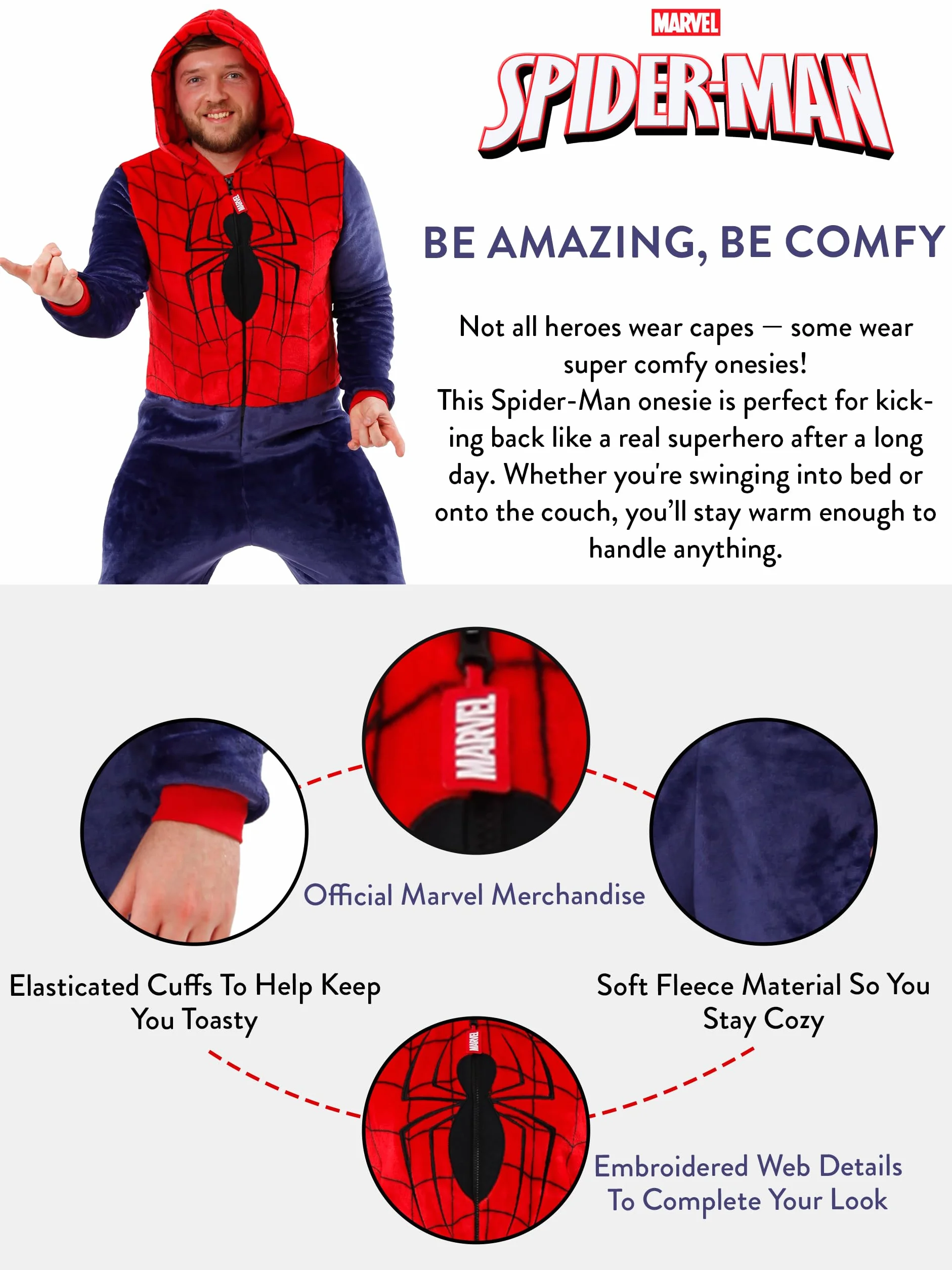 Marvel Onesies dla mężczyzn | Męski Onesie Spiderman | Dorosły kostium Spidermana | Oficjalny towar Spiderman