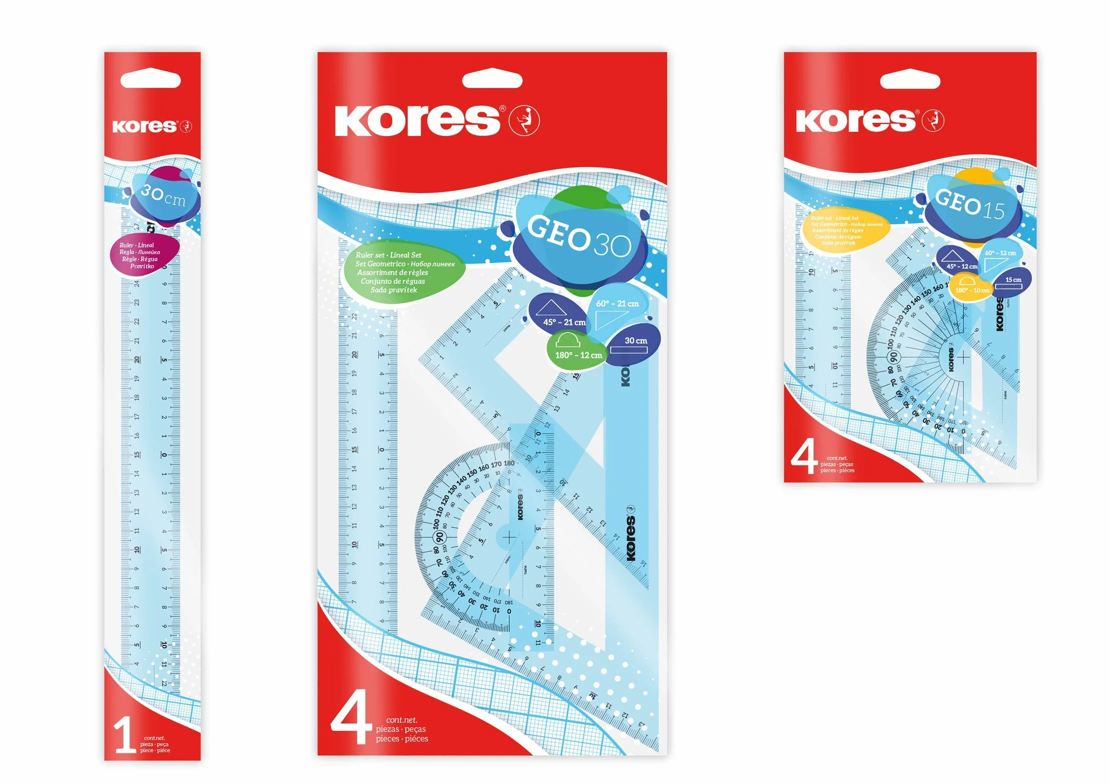 Kores Linijka LIN42103 "Geo Set 15"; Zestaw składa się z: linijki 15 cm, trójkąt rysunkowy 45°/12 cm, trójkąt rysunkowy 60°/12 cm, kątomierz 180°/10 cm; z krawędzią tuszu; opakowanie do zawieszenia