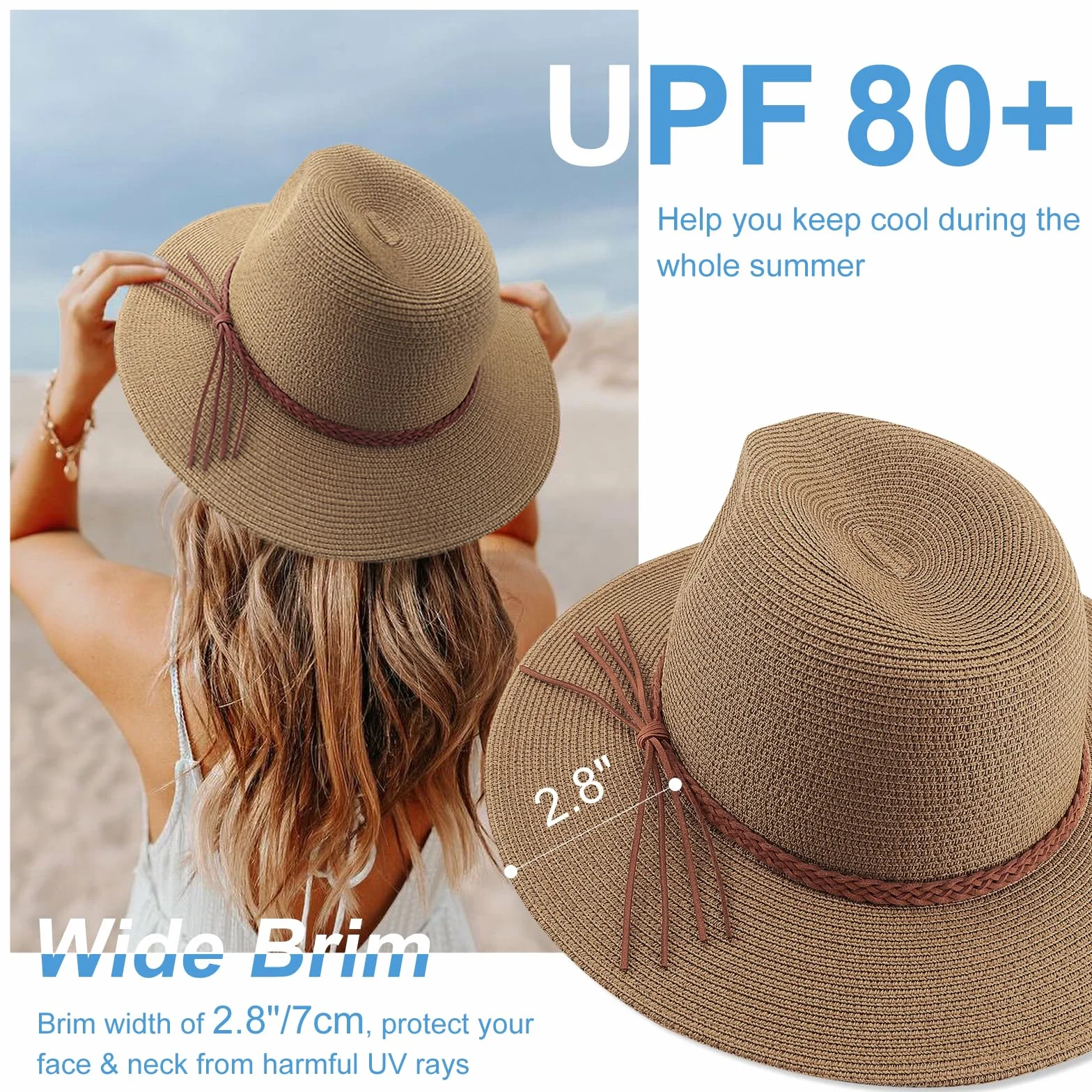 DRESHOW Damski słomkowy kapelusz typu panama Fedora Beach Sun Hat z szerokim rondem Roll-up Hat ze słomy UPF 50+