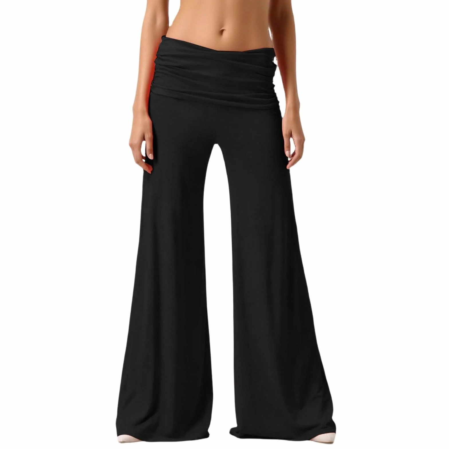 Coral Fold Over Yoga Pants damskie szerokie spodnie z marszczeniem, luźne spodnie do jogi, koralowe, plisowane spodnie Palazzo, z wysokim ściągaczem
