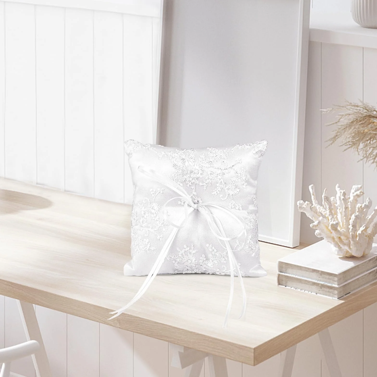 Poduszka na obrączki ślubne, poduszka na obrączki ślubne biała poduszka na obrączki 15 x 15 cm uchwyt na obrączki z wstążką na romantyczne wesela