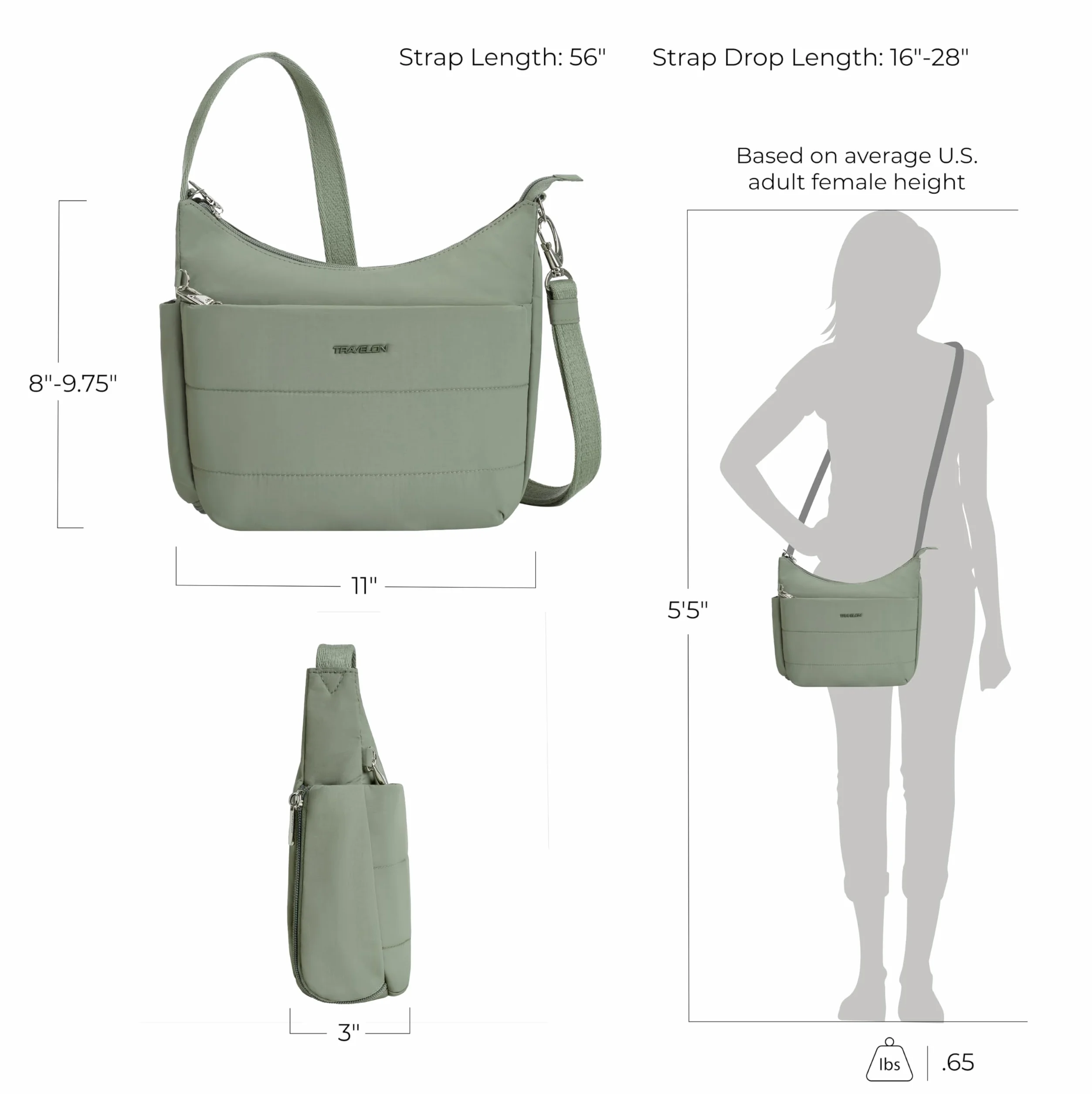 Travelon Unisex Anti-Theft Roam Medium Crossbody, Mech, 8"H(center) x 9.75"H(wing) x 11W x 3"D