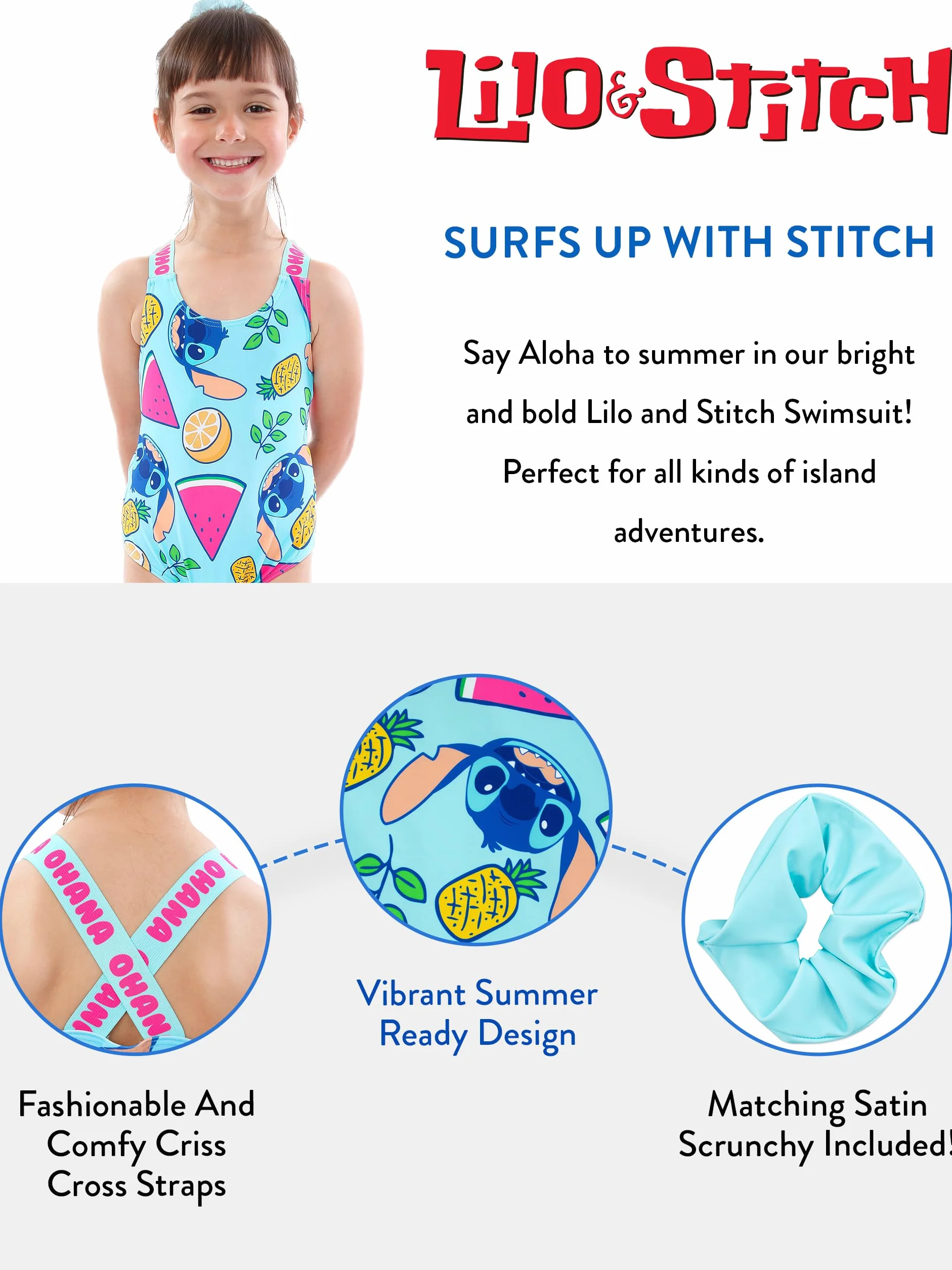 Kostium kąpielowy Disney Lilo i Stitch z gumką do włosów | Jednoczęściowe kostiumy kąpielowe dla dziewczynek | Oficjalny towar z serii Lilo & Stitch | Wiek od 4 do 13 lat