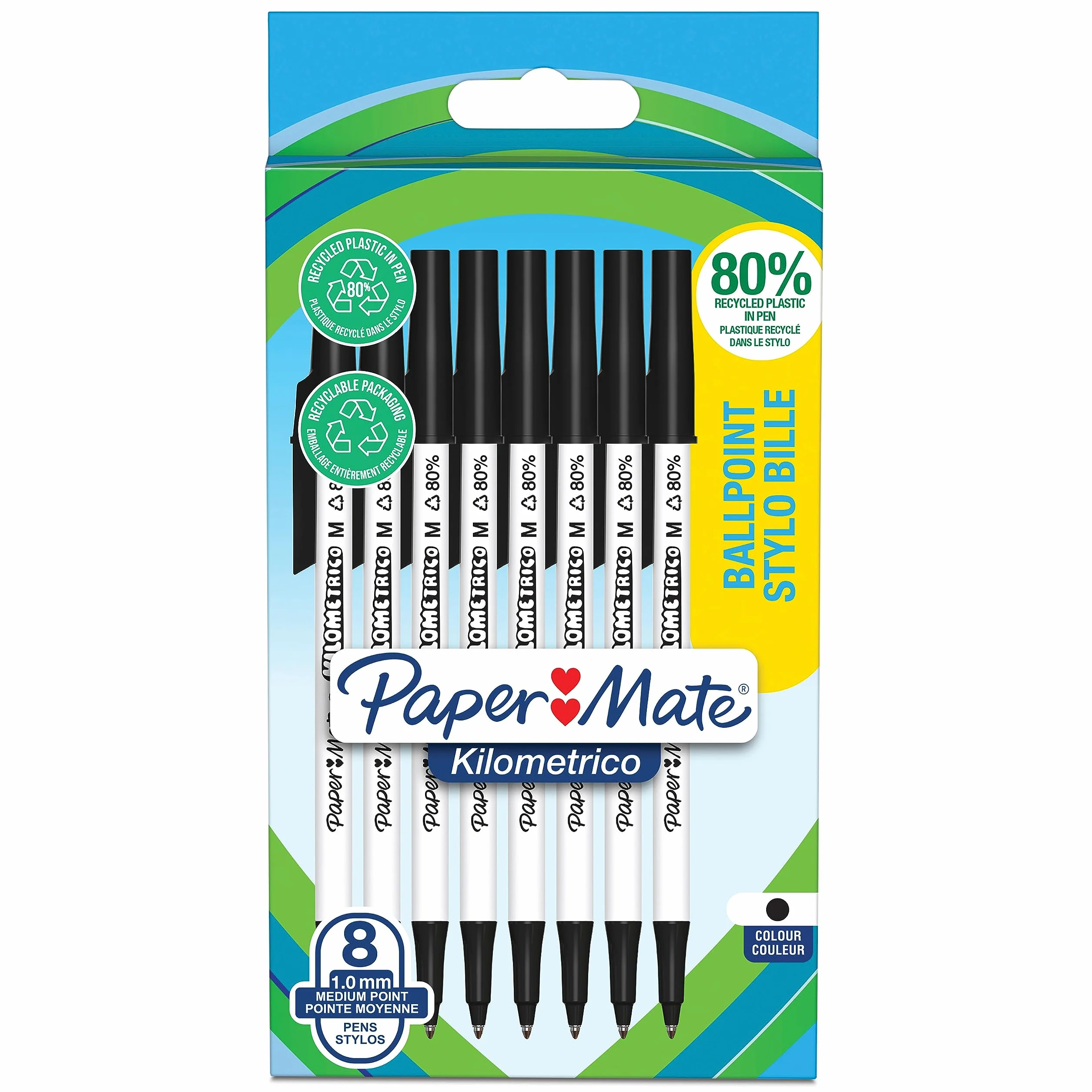 Długopisy Paper Mate Kilometrico | długotrwałe pisanie końcówką o średniej grubości (1,0mm) | Tusz w kolorze czarnym | Tworzywo sztuczne pochodzące w 80% z recyklingu | 8 sztuk