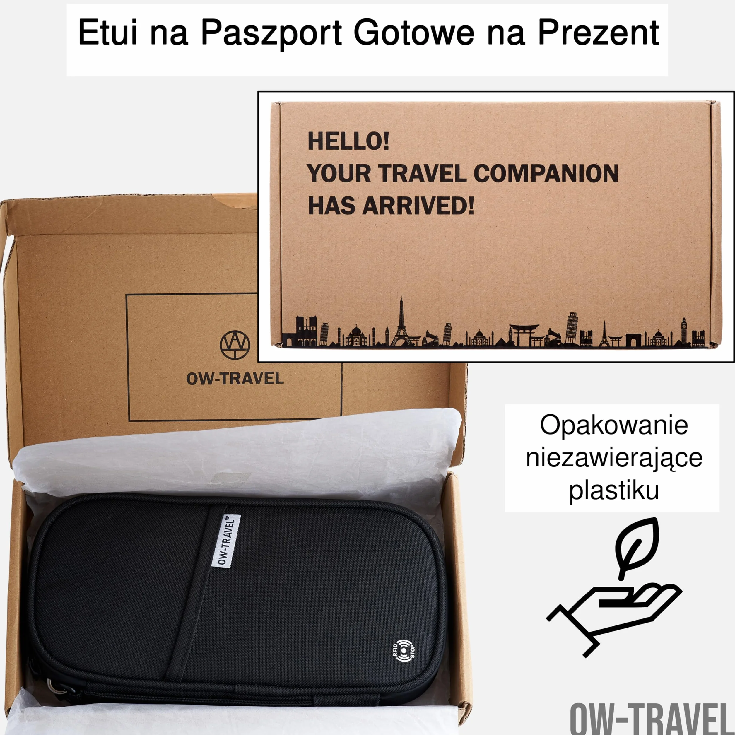 OW-Travel Etui na Paszport i Dokumenty (czarny) z ochroną RFID. Pojemne etui na paszport 4 paszporty na bilety lotnicze. Dołączone paski na nadgarstek i szyję bez użycia rąk