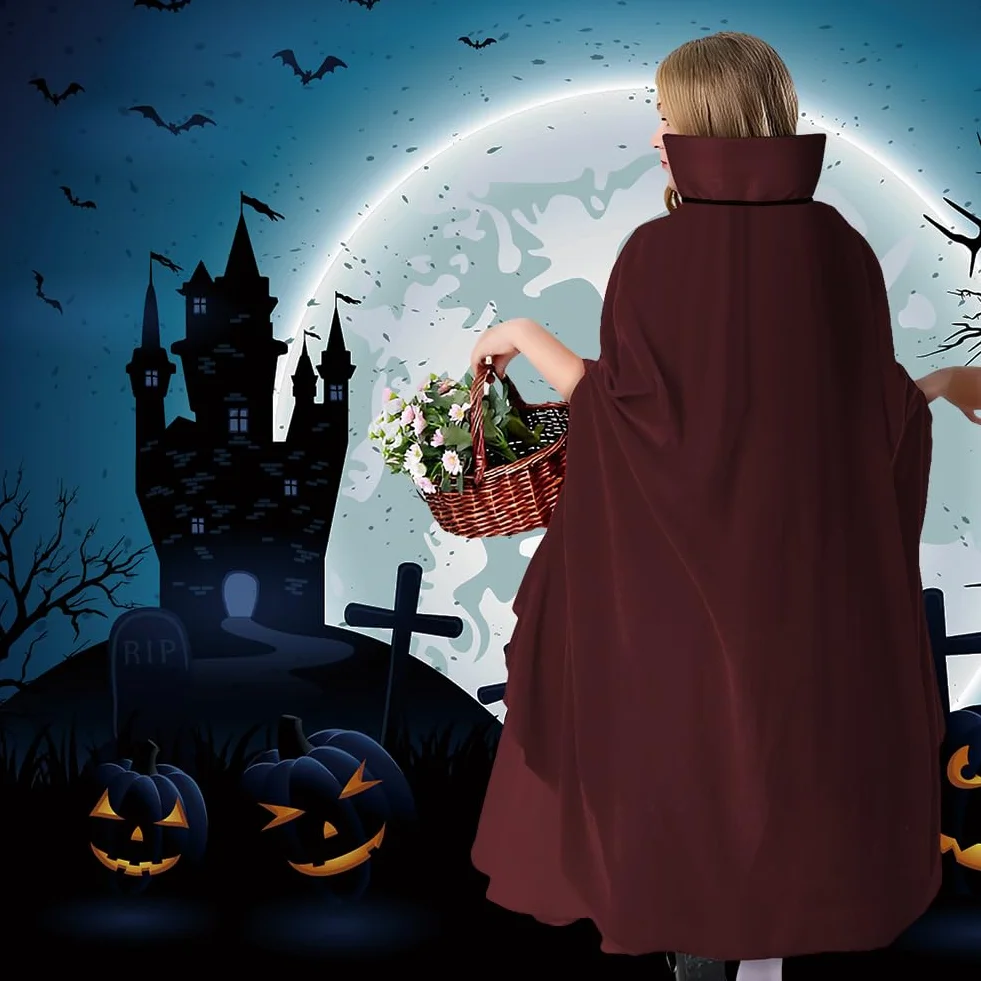 AOOWU Peleryna na Halloween, damska peleryna wampira, peleryna wampira z kołnierzem, czarno-czerwona, dwustronna, dla dzieci, na Halloween, Boże Narodzenie, karnawał (90 cm)
