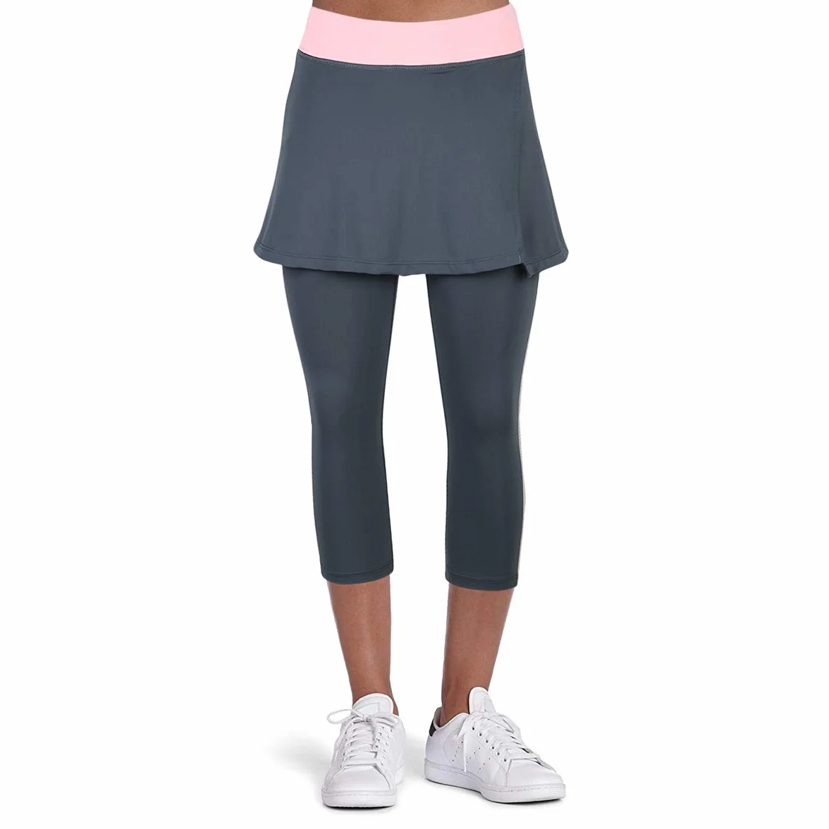 beroy Damska spódnica do biegania, elastyczne spódnice, spodnie Capri, legginsy z spódniczką tenisową 3/4 2 w 1, Legginsy A2/Szare 3/4