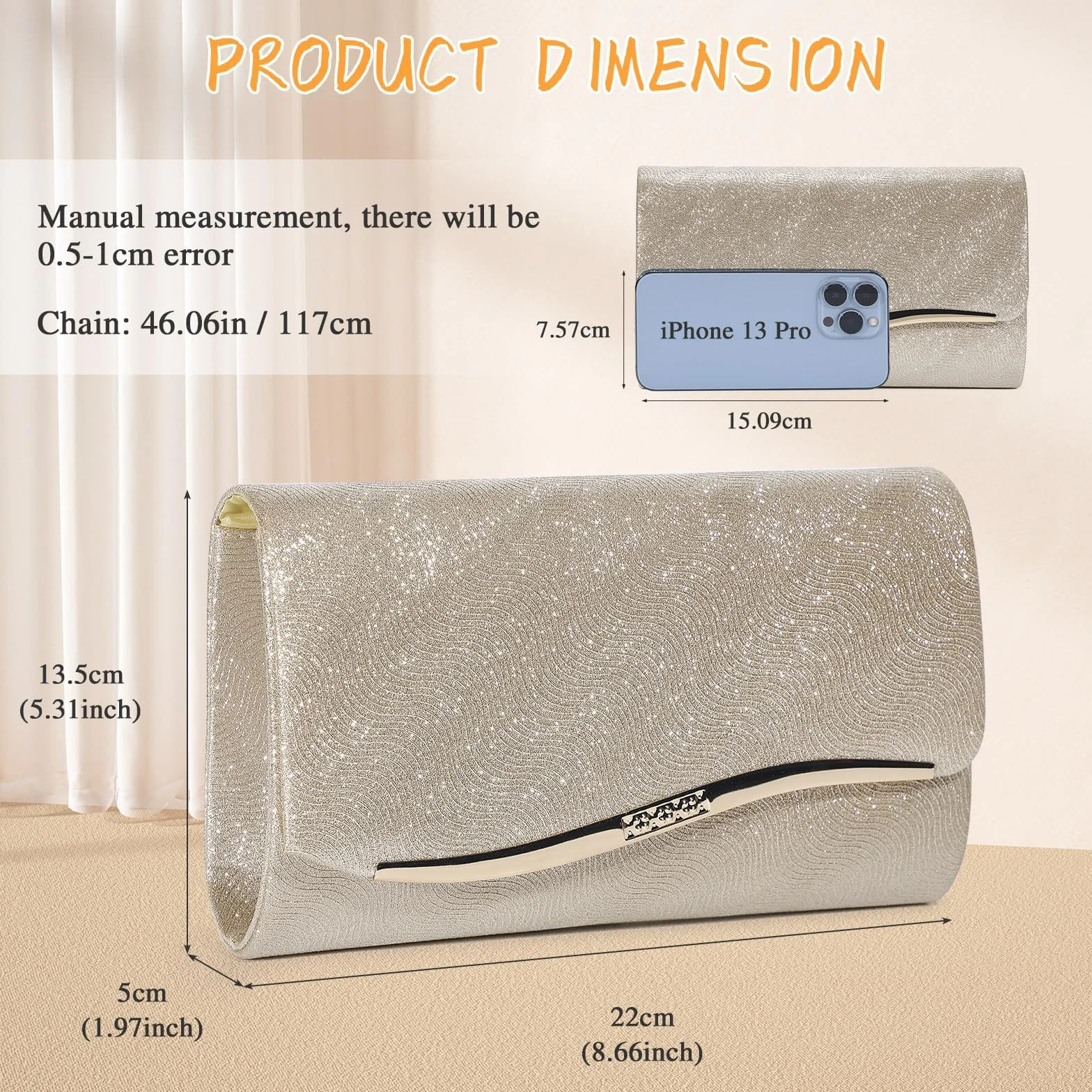 UBaymax Clutch damska torebka wieczorowa, błyszcząca, łańcuszkowa, modna torebka, elegancka koperta Crossbody na bal noworoczny, wesele, imprezę i wesele