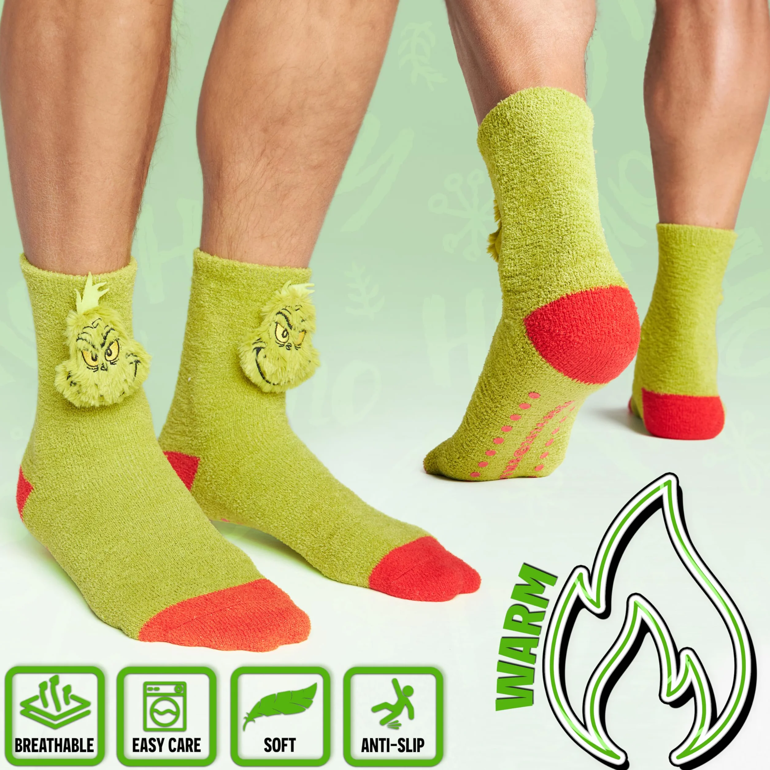 The Grinch Kapcie skarpety dla mężczyzn i nastolatków rozmiar UK 6,5-10,5, ciepłe, puszyste antypoślizgowe skarpety do łóżka, Boże Narodzenie tajemniczy Mikołaj prezenty dla mężczyzn