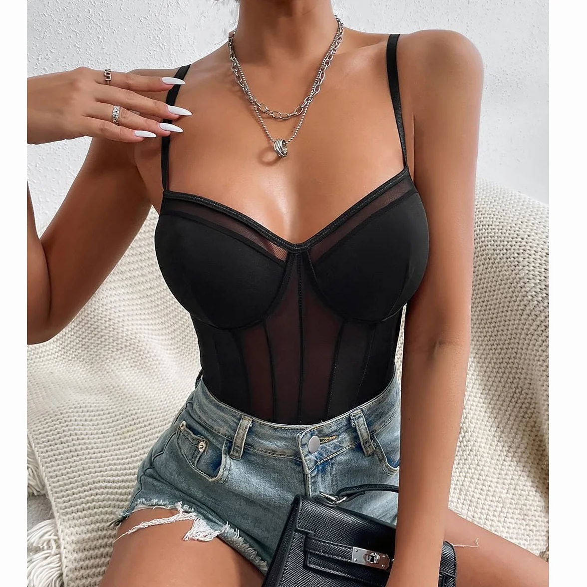 Body damskie seksowne Sheer Mesh Bodysuit przezroczyste ramiączka spaghetti bez rękawów, body z odkrytymi plecami, elastyczny kombinezon z siateczki, elegancki wąski top