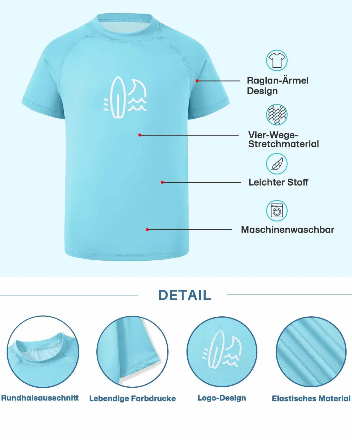 BesserBay Koszulka chłopięca UV UPF 50+, dziecięca Rashguard, krótki rękaw, okrągły dekolt, koszulka kąpielowa, 110-160