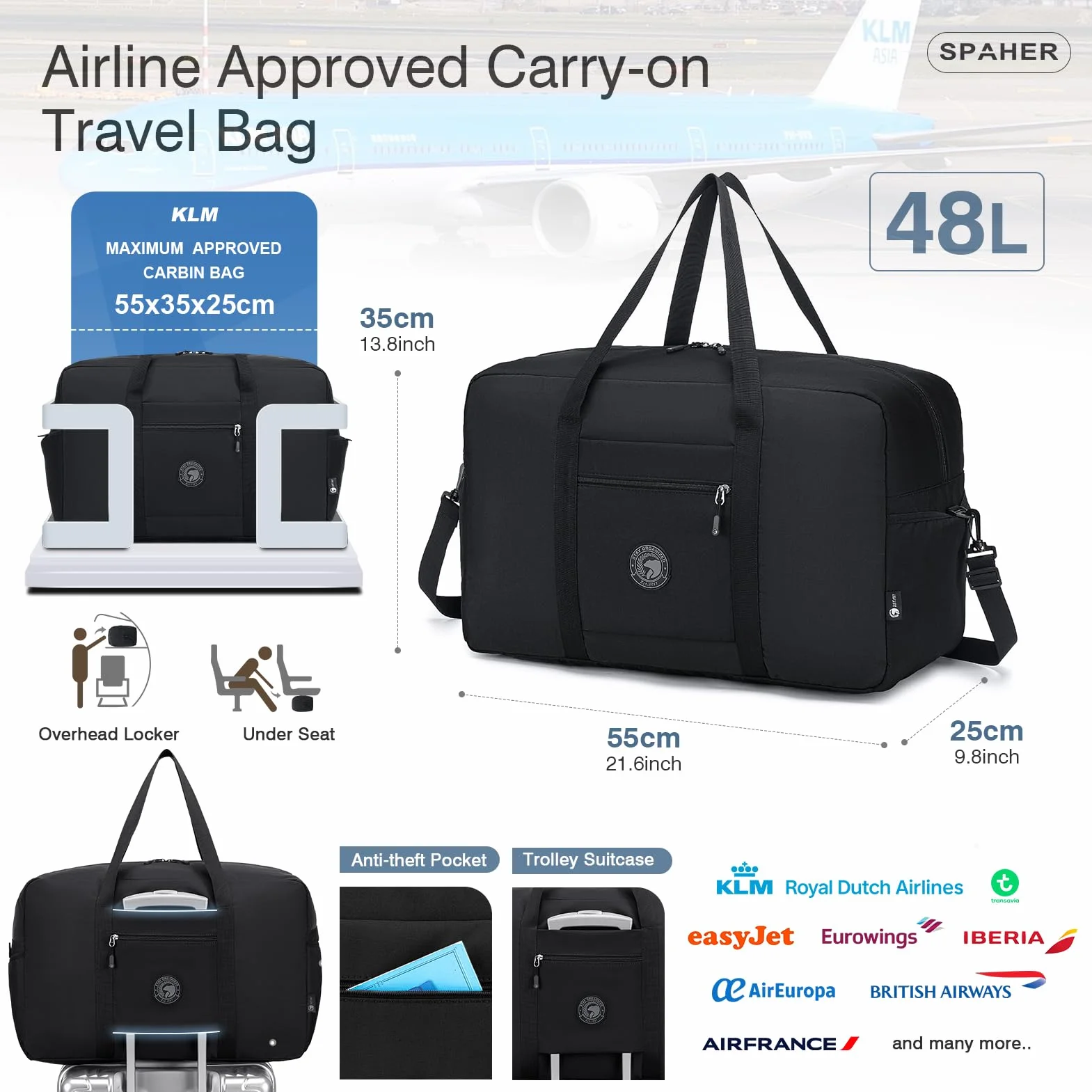 SPAHER 2X Torba Podróżna 55x35x25 Lufthansa KLM Air France Duża Torba na Bagaż Podręczny Składana Sportowa Weekendowa Fitness dla Mężczyzn i Kobiet z Torba na Przybory Toaletowe