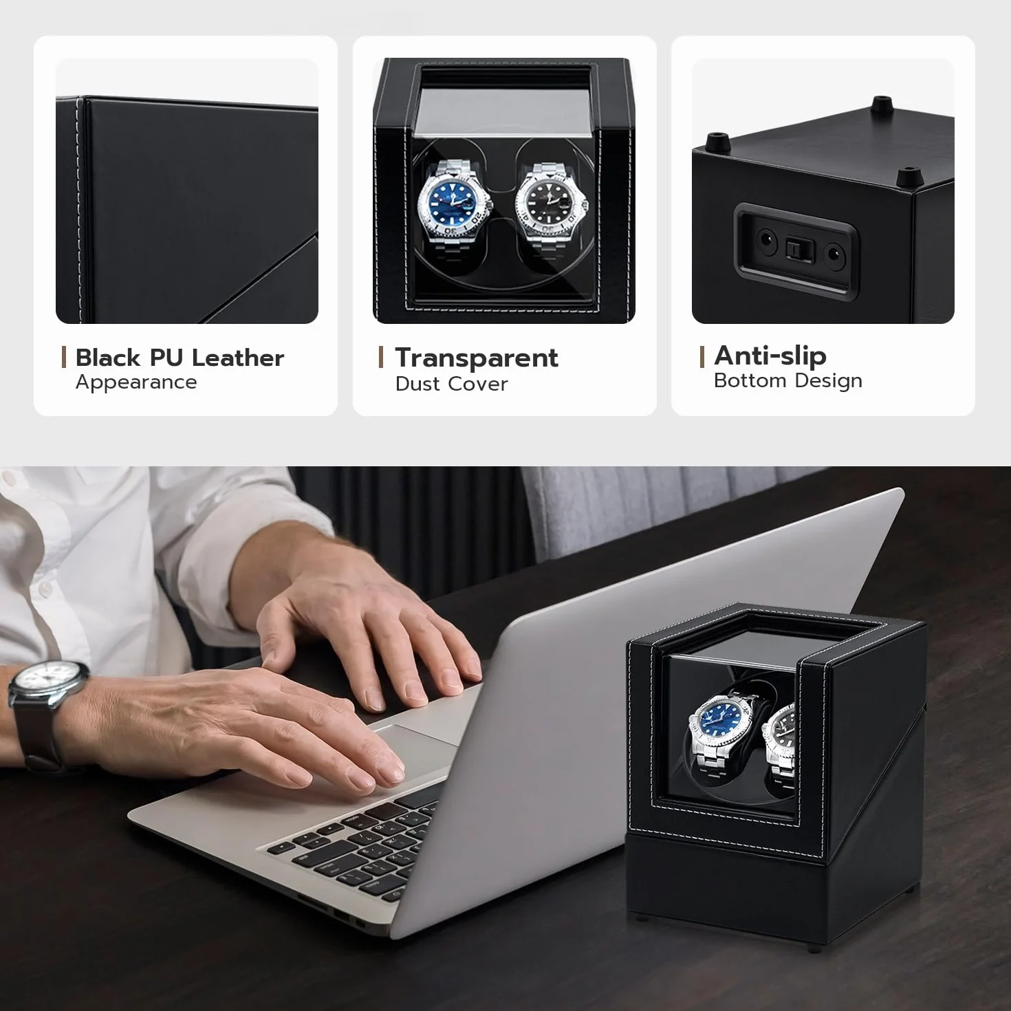 Rotomat na 2 zegarki, automatyczny nakręcacz USB-DC, nakręcacz dla mężczyzn i kobiet, dwa tryby nakręcania do zegarków automatycznych, skóra syntetyczna z cichym silnikiem - czarny