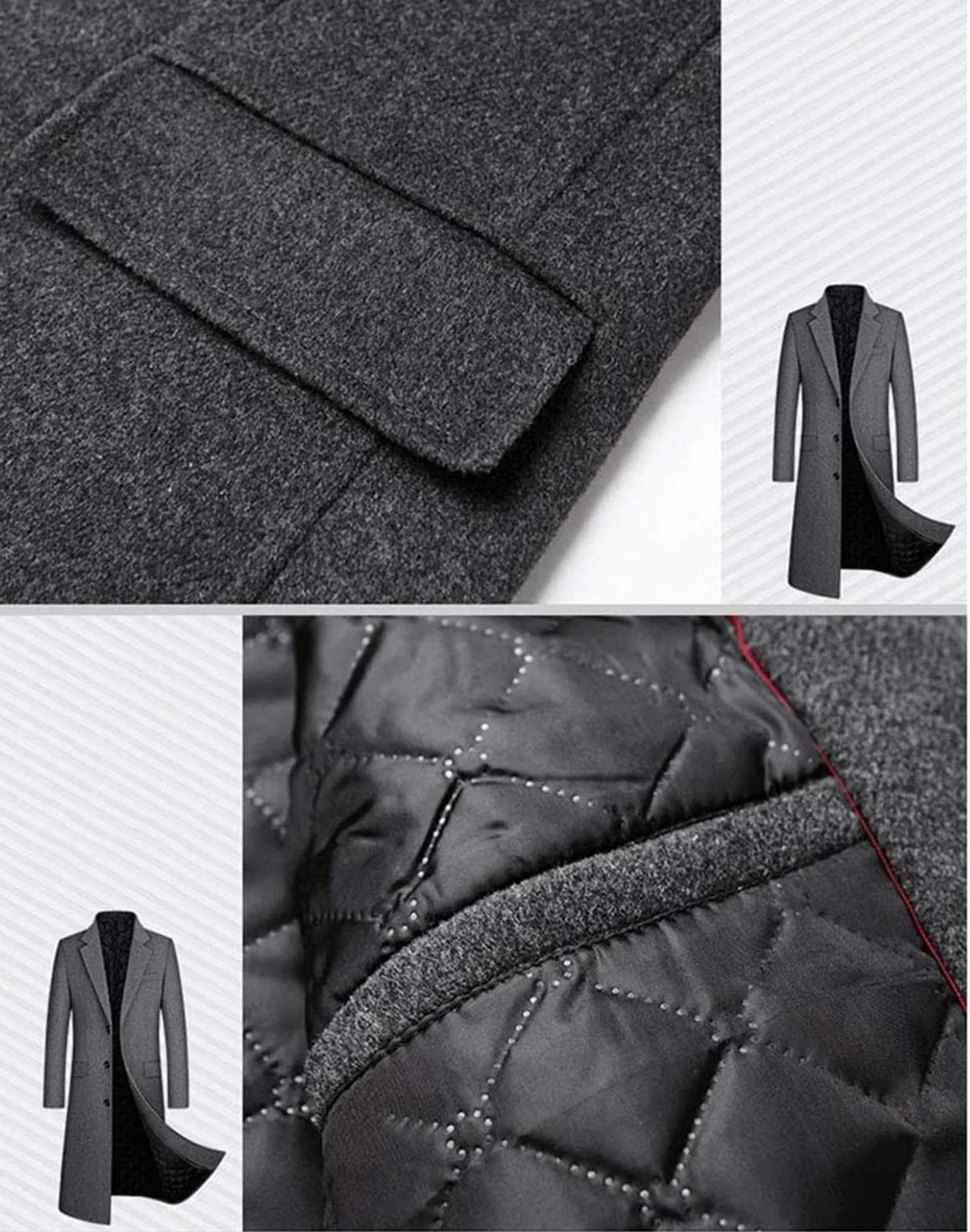 Płaszcz zimowy, męski, długi płaszcz wełniany, slim fit, dwurzędowy płaszcz męski, biznesowy, bawełna, płaszcz wełniany