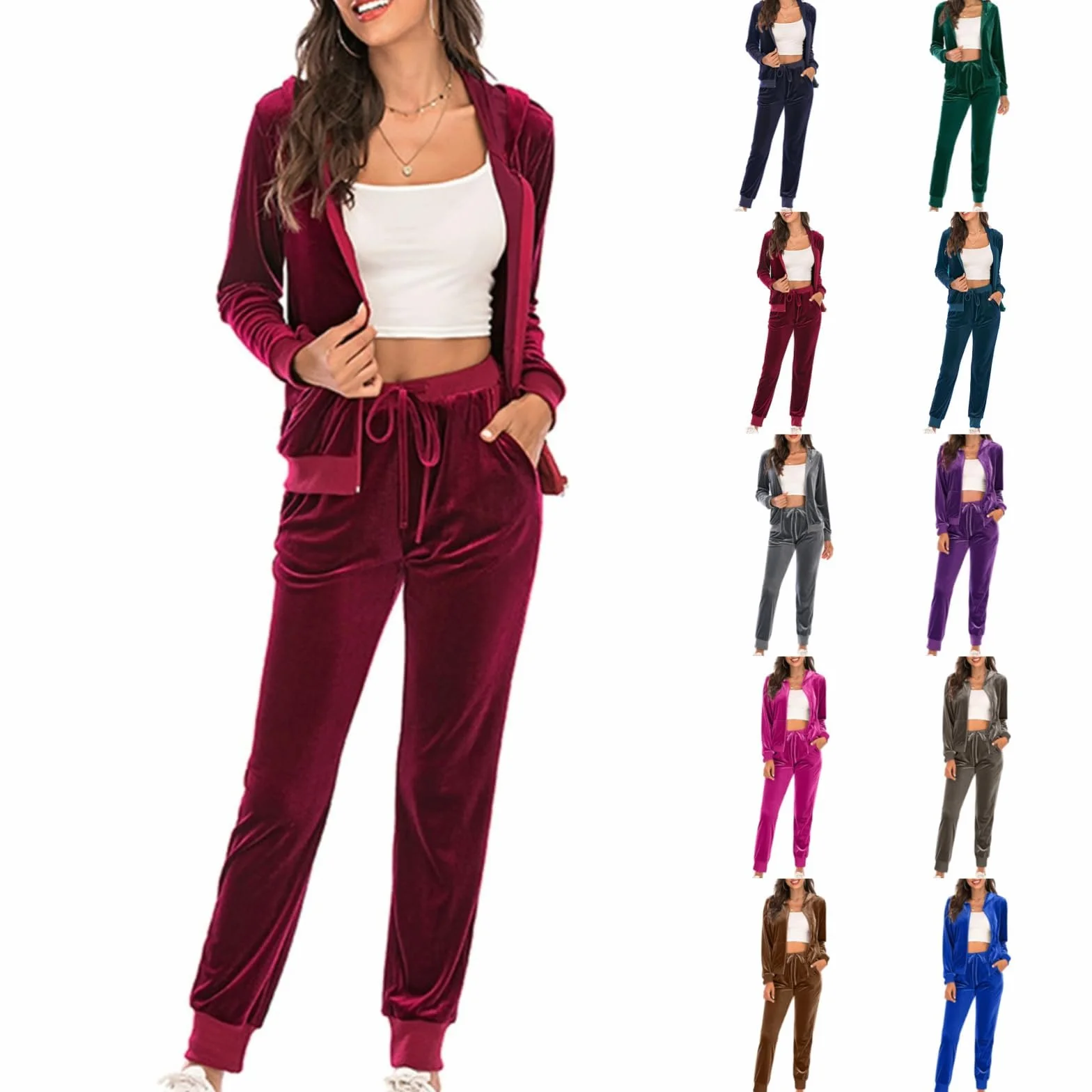 Generisch Damski dres do joggingu, 2-częściowy, złoty aksamit, zestaw do joggingu, sportowy dres fitness, dwuczęściowy strój rekreacyjny, jednokolorowy, elegancki dres sportowy z długim rękawem