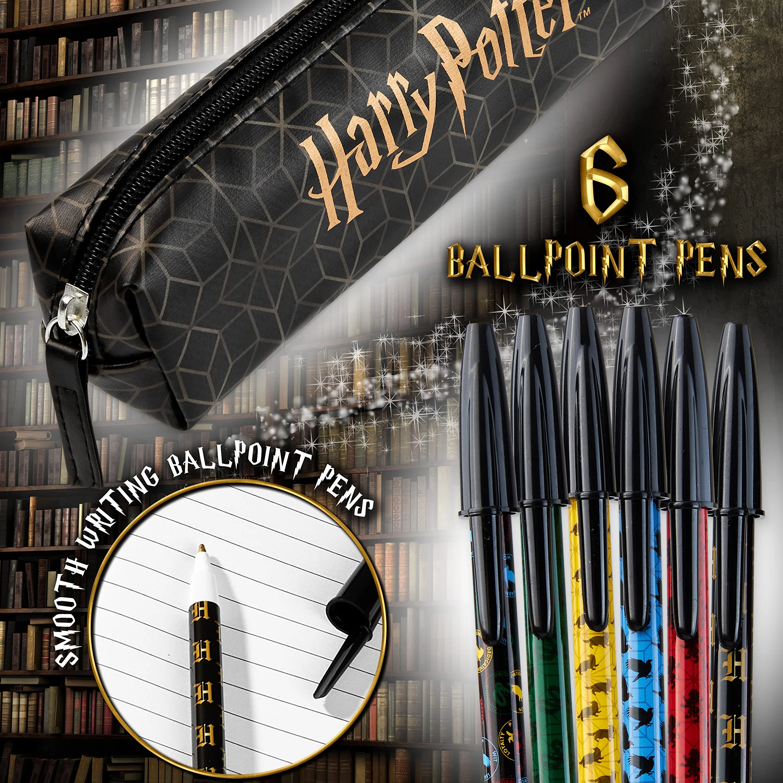 Harry Potter Notatnik A5 i Piórnik dla Dziewczynek i Chłopców z Długopisami, Przybory Szkolne dla Dzieci i Nastolatków (Czarny/Złoty)
