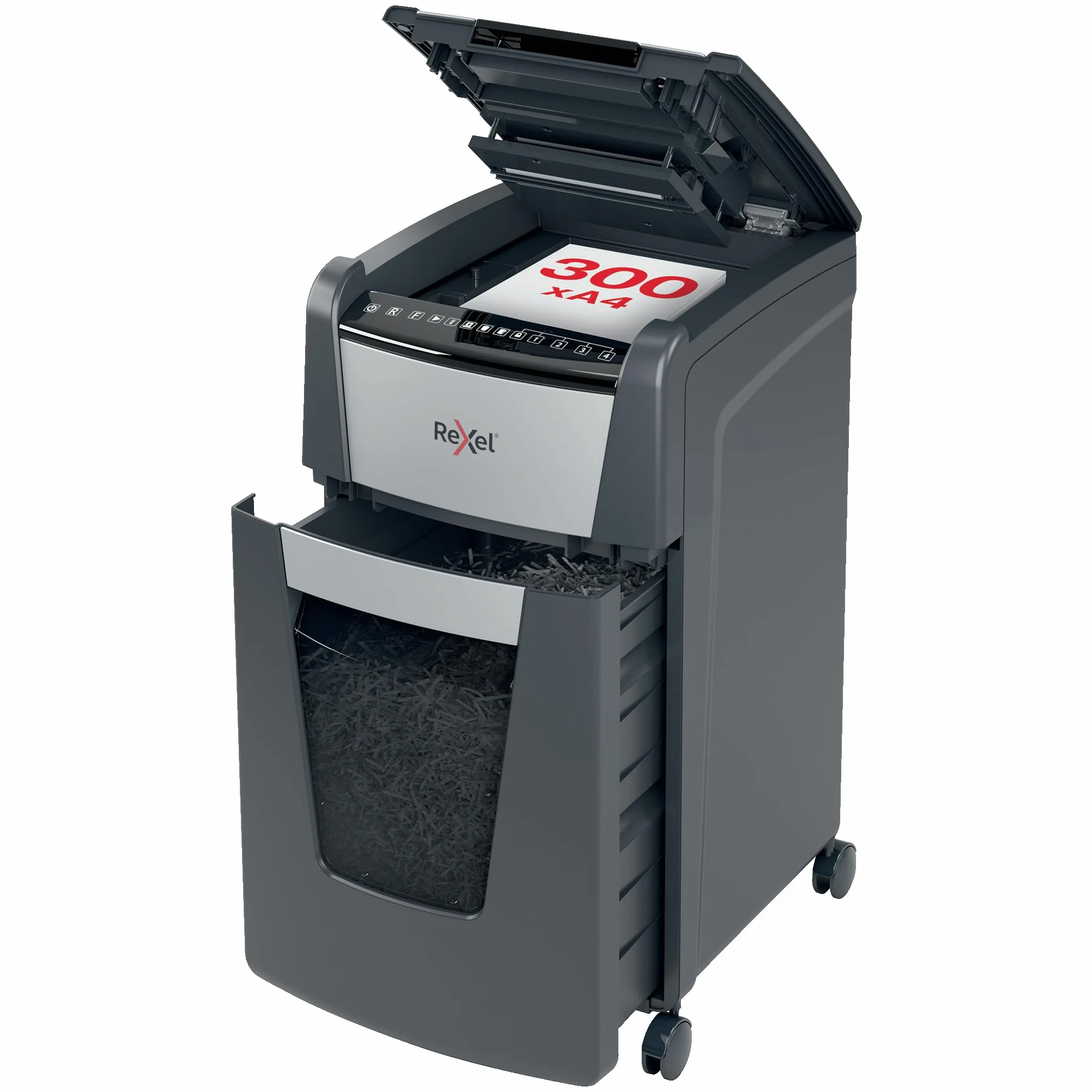 Rexel Optimum Auto Feed+ Automatyczna Niszczarka do Papieru, 300 Arkuszy, Bezpieczeństwo P-5, Tnie na Mikrościnki, do Małego Biura, 60 L, na Kółkach, 2020300M
