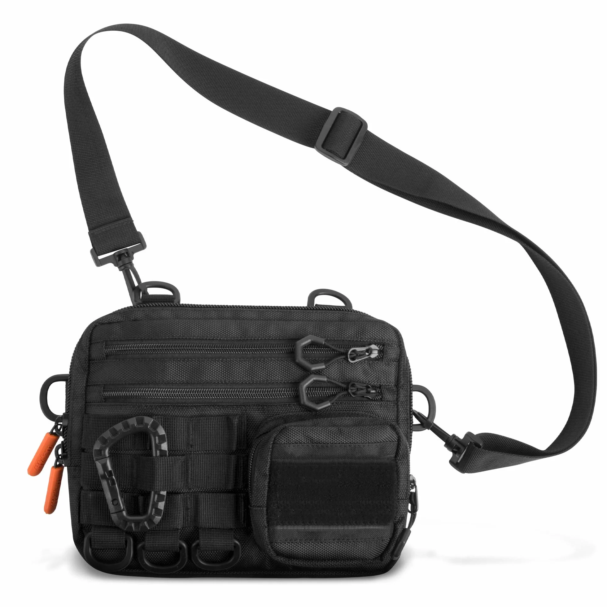 Fitdom Czarna mała taktyczna torba listonoszka dla mężczyzn. Ten EDC ma wiele sposobów noszenia jako chusta, ramię, crossbody, talia.