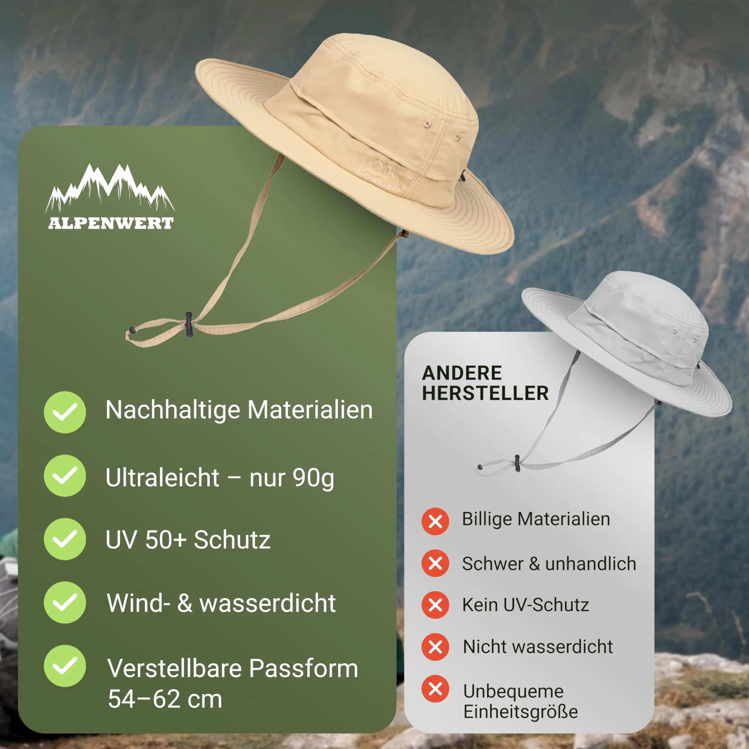 Alpenwert Zewnętrzny kapelusz przeciwsłoneczny i przeciwdeszczowy z ochroną UV UPF 50+, wodoszczelny, wiatroszczelny, regulowany pasek pod brodę – kapelusz wędkarski, kapelusz wędkarski, oddychający