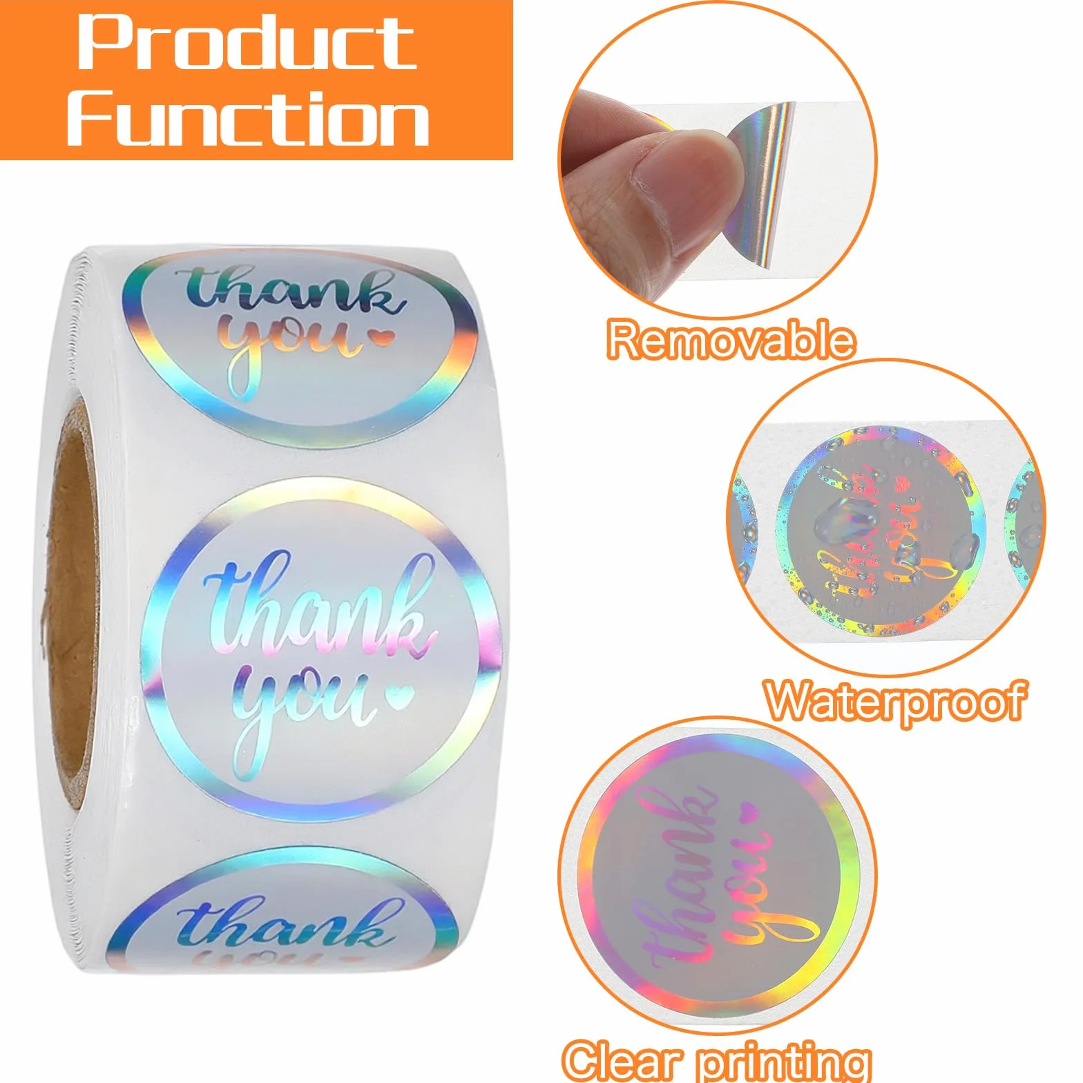Nogeqi 1000 sztuk naklejek "Thank You", 2,5 cm, holograficzne, okrągłe, z podziękowaniami, samoprzylepne, w rolce, z podziękowaniami, do pakowania, pieczenia, torebek prezentowych, koperty
