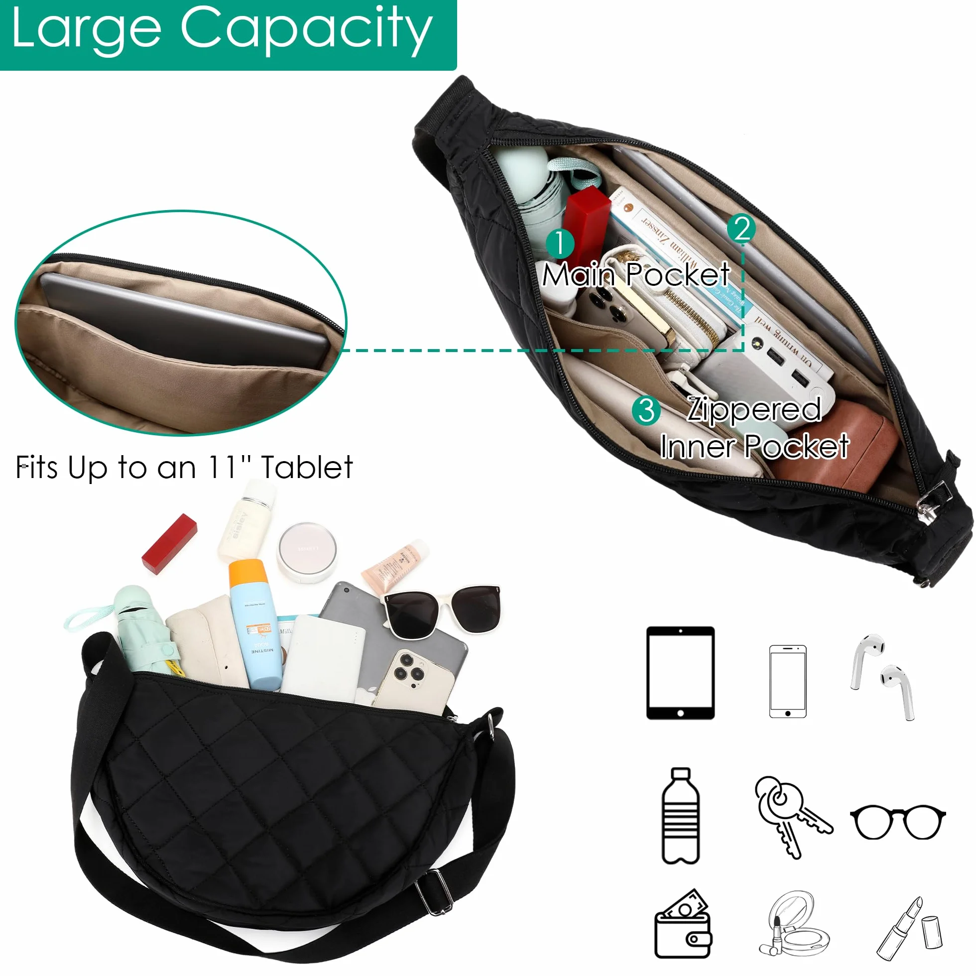 Micmores Crossbody Bag damska torba na ramię, nylonowa, pikowana, lekka, bufer, torba crossbody, duża torba na ramię, hobo, torba na brzuch, dla kobiet i mężczyzn