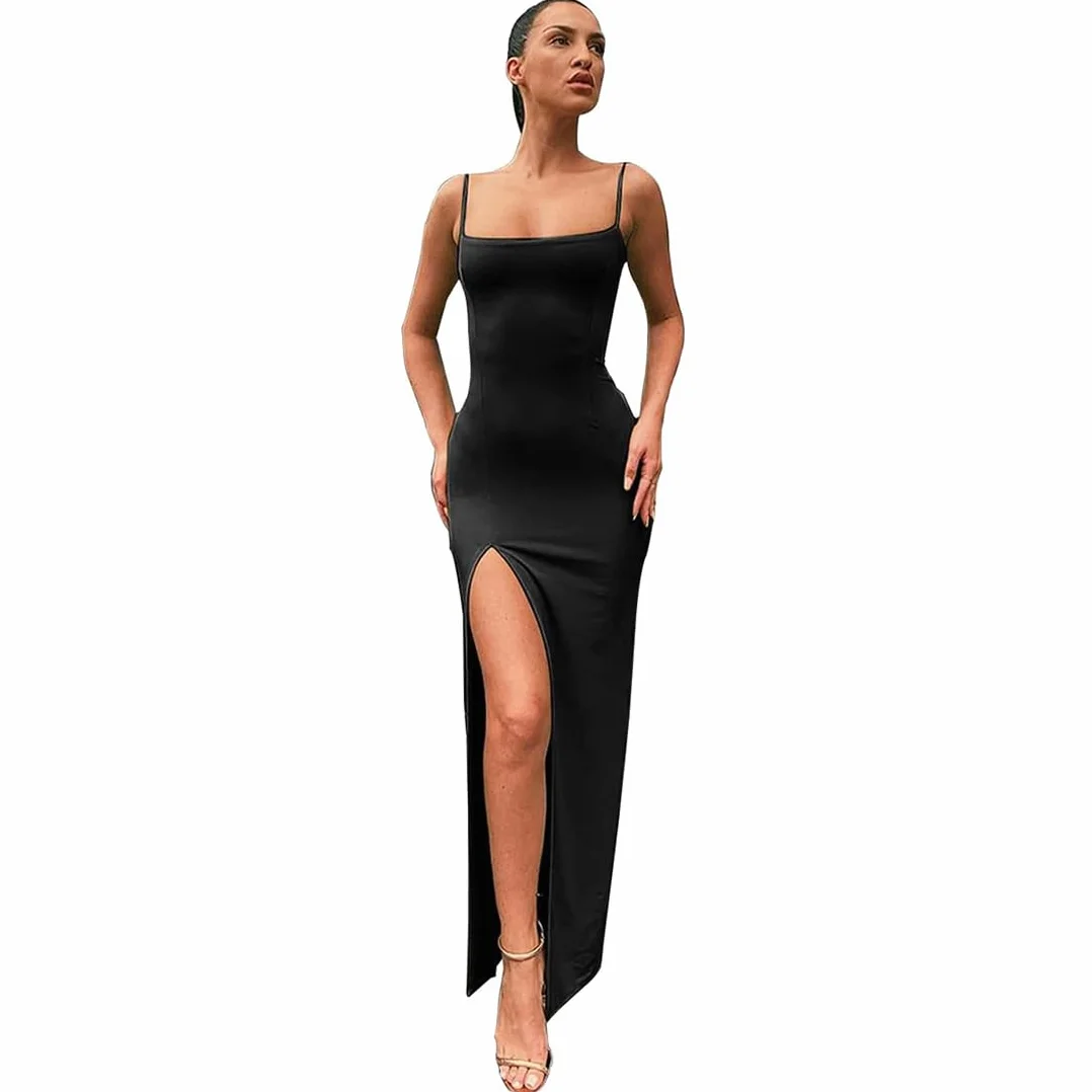 Damska sukienka koktajlowa, sukienka maxi, sukienka na imprezę, elegancka sukienka damska, casualowa, jednokolorowa, spaghetti, z paskiem, podkreślająca figurę
