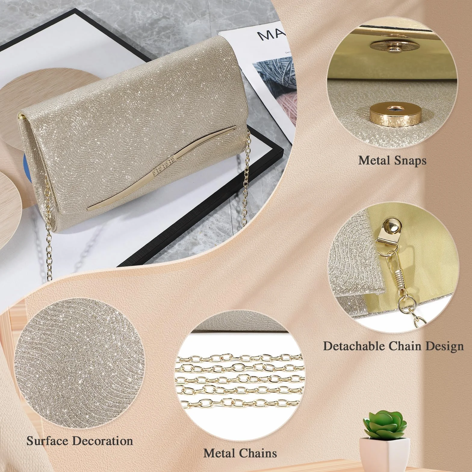UBaymax Clutch damska torebka wieczorowa, błyszcząca, łańcuszkowa, modna torebka, elegancka koperta Crossbody na bal noworoczny, wesele, imprezę i wesele