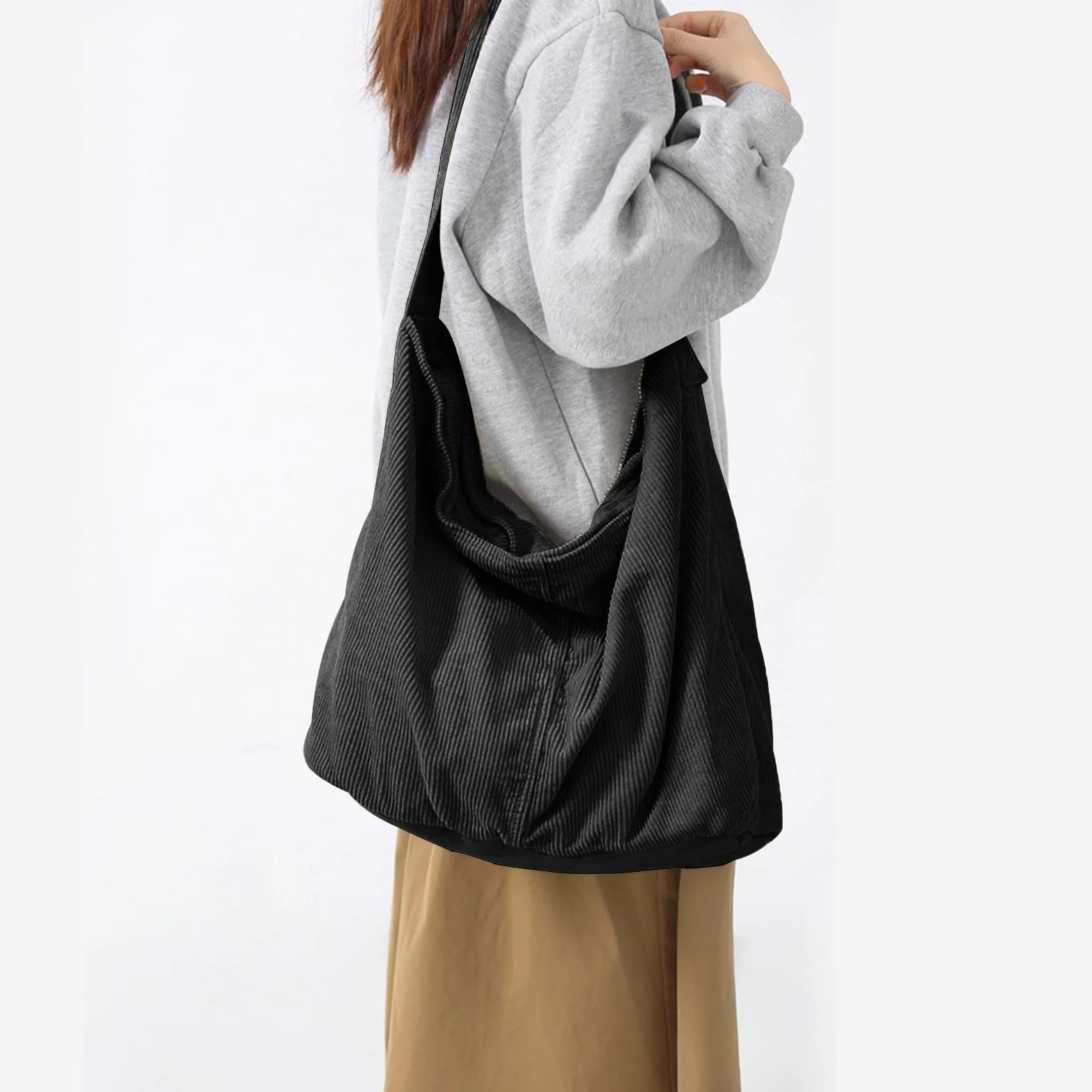 X SIM FITNESSX Unisex Cord torba na ramię duża damska torba na zakupy modna torba materiałowa na co dzień/do biura/szkoły/podróży, czarny, Retro