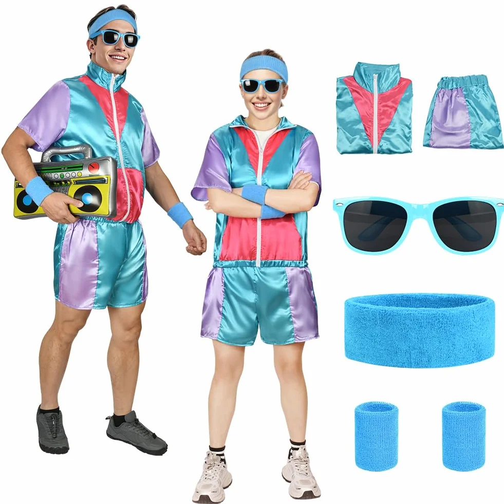 Aomig Strój hip-hopowy z lat 90. XX wieku, modny kostium z lat 80. i 90., odzież sportowa, do dyskoteki, z opaskami na nadgarstek, disco, fantazyjna sukienka w stylu lat 80. XX wieku, dres na