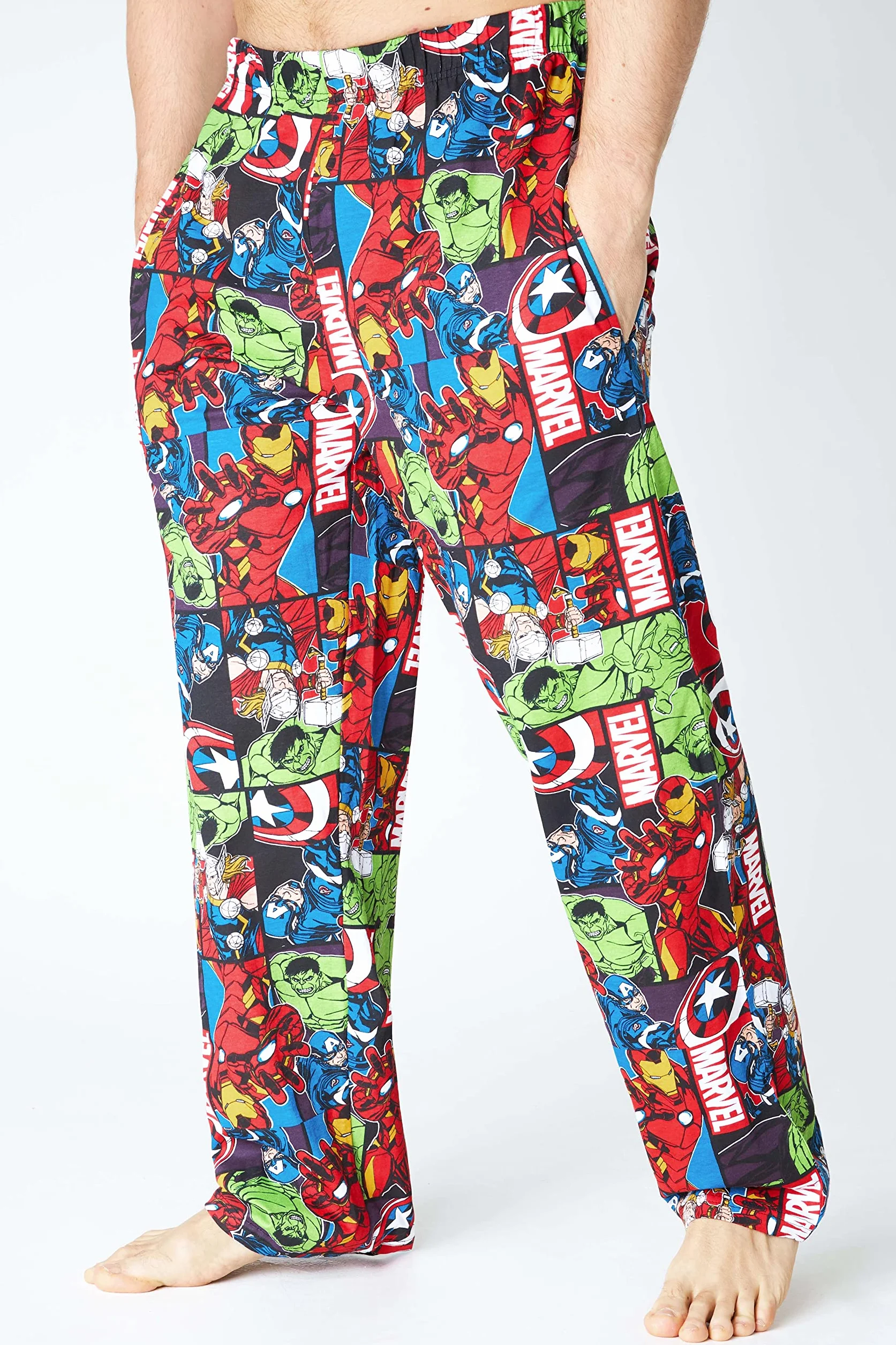 MARVEL Męska piżama, Avengers Lounge Pants Mężczyźni z Kapitanem Ameryką Iron Man Thor i Hulk, 100% bawełna bielizna nocna męskie spodnie piżamowe, oficjalne artykuły prezenty dla mężczyzn nastoletnich chłopców