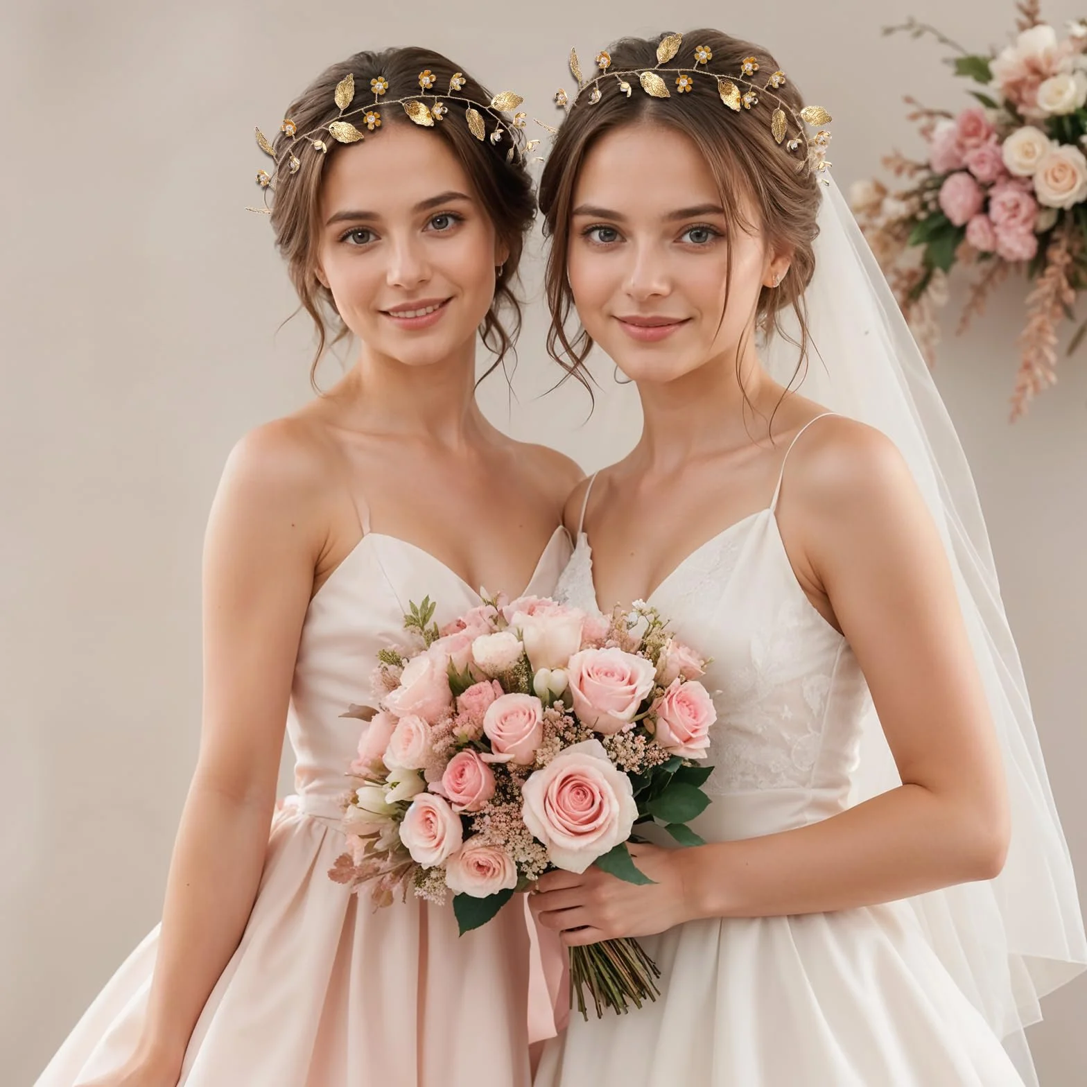 Yuanchu Ozdoba do włosów w stylu boho na wesele, złota ozdoba głowy dla panny młodej, na komunię, dla panny młodej, złota, perły, kwiaty, akcesoria do włosów, rzymska boginia, opaska do włosów, opaska