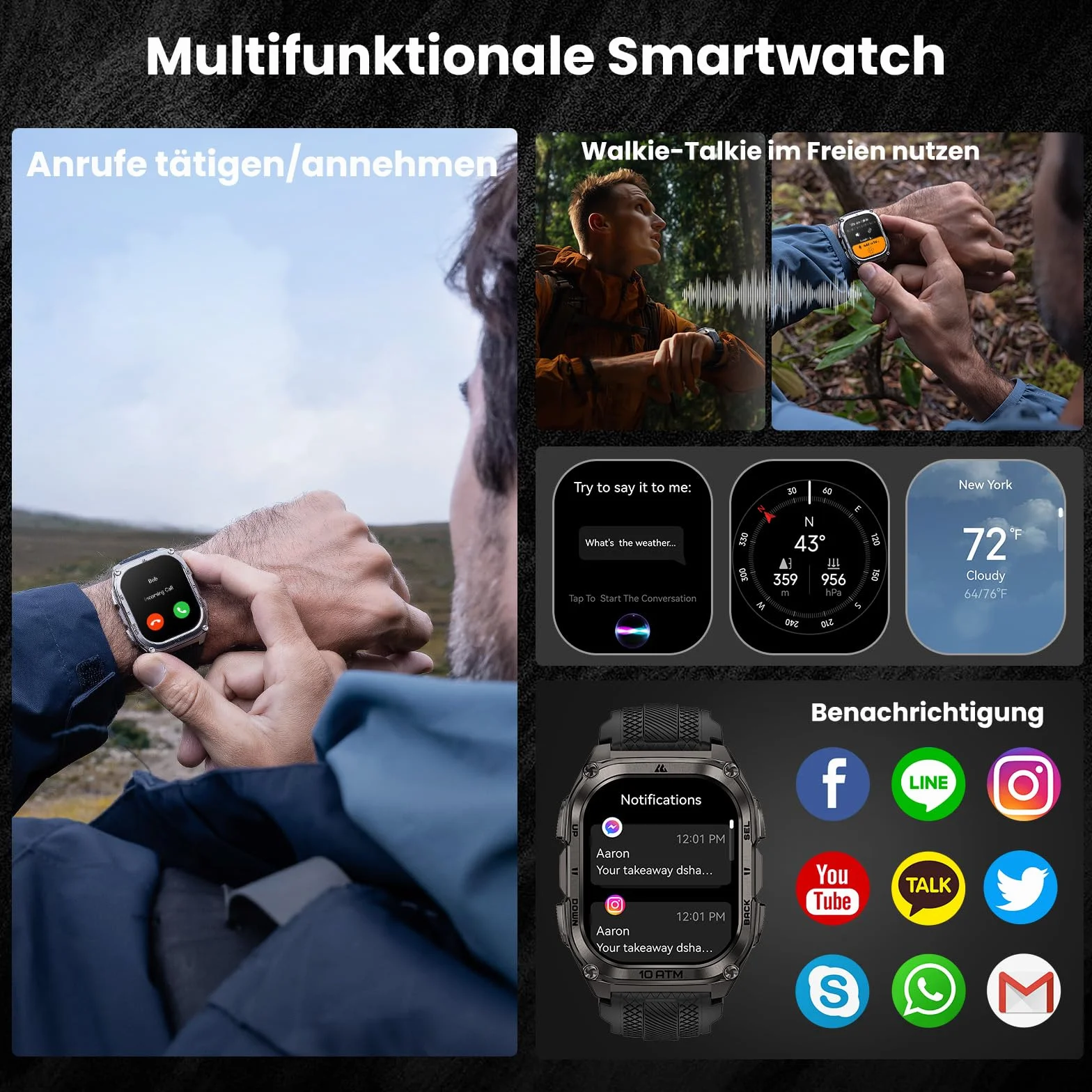 KOSPET Tank M4 Smartwatch męski, pełna stal nierdzewna, 6 satelitów i map offline, 10 atm nurkowy 45 m, bateria 50 dni, połączenia Bluetooth, monitor zdrowia 24/7,1,96" AMOLED, Android i iOS (czarny