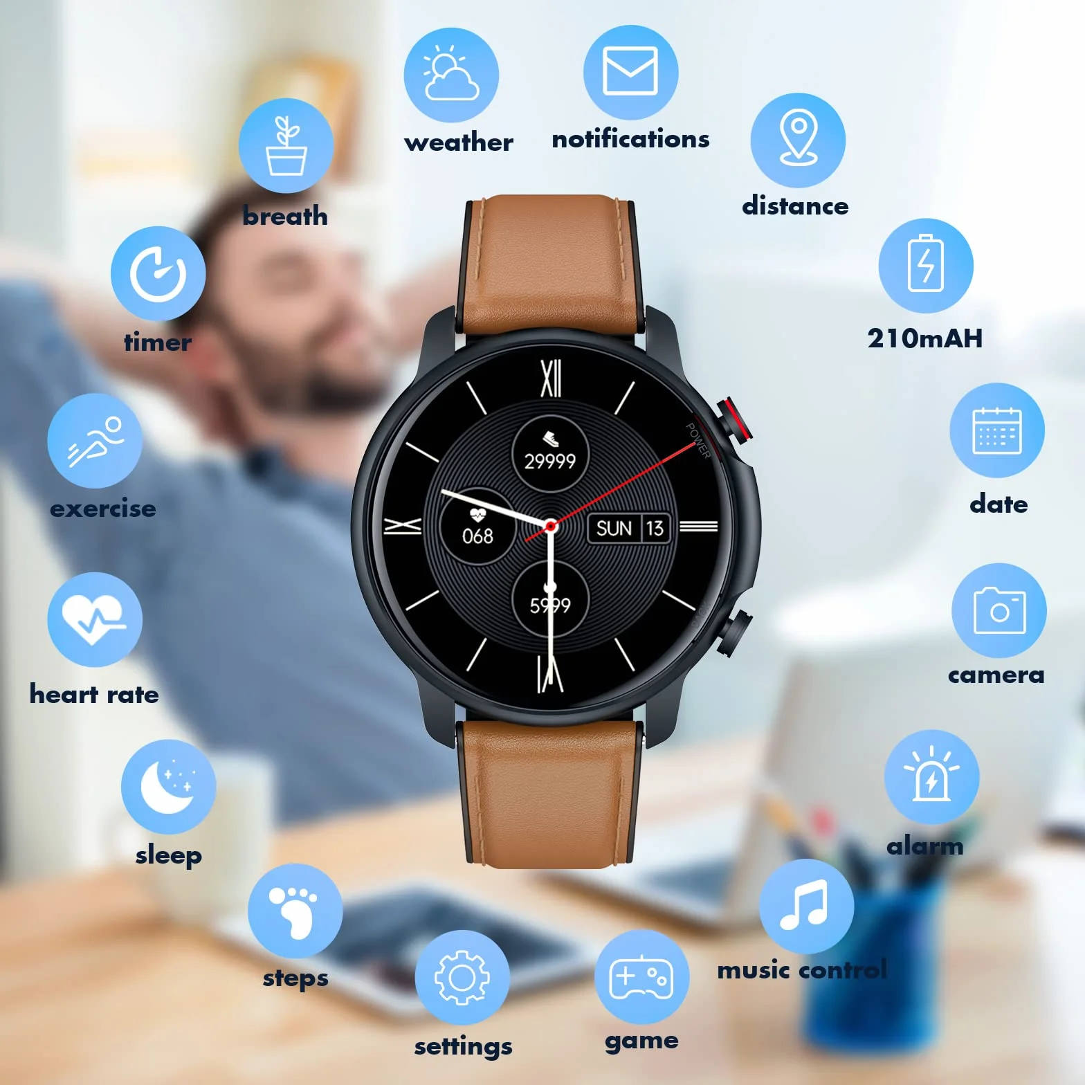 Męski smartwatch sportowy Smartwatch - 1,32 cala, wodoodporny ekran dotykowy IP68, inteligentna bransoletka z monitorem snu, tętna, krokomierz, tracker fitness, dla Androida, iOS, okrągła skóra