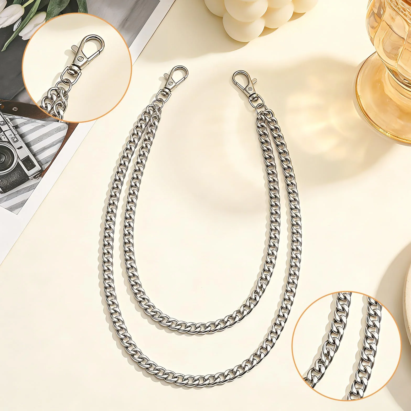 2 sztuki metalowego łańcuszka do spodni, dwuwarstwowego, złotego i srebrnego łańcuszka do dżinsów, paska do talii, łańcuszka do dżinsów, łańcuszka hip-hopowego do spodni dla mężczyzn i kobiet
